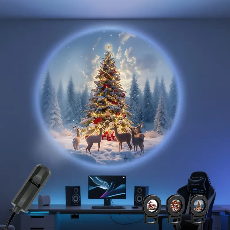 Christmas USB Powered Projection Light, Christmas Tree Reindeer, Santa Claus, Snowman LED Night Light, Suitable for Indoor, Bedroom, Gaming Room, Christmas Holiday Theme Party Gathering Decoration, Holiday Birthday Gift Audio