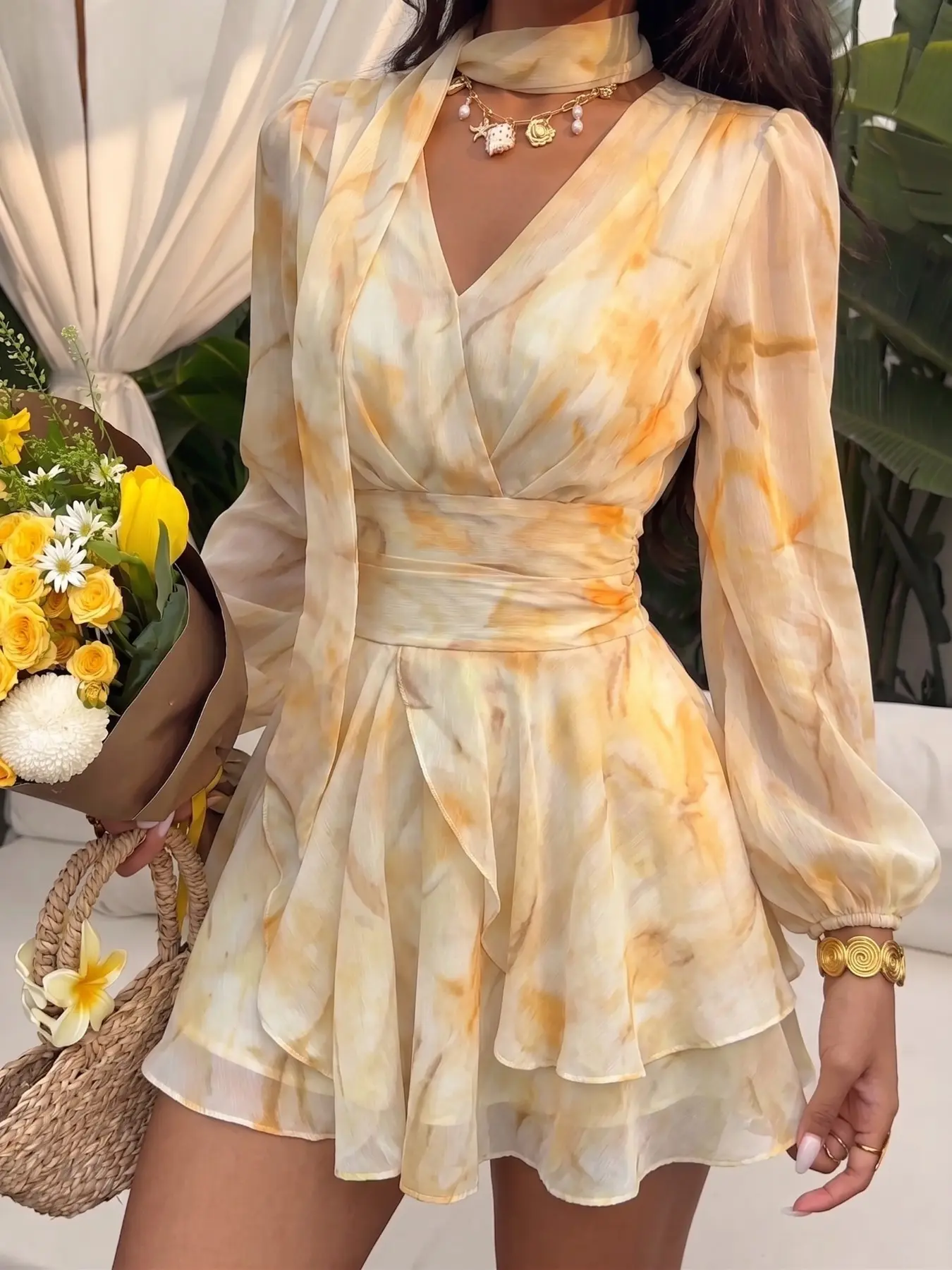 Women's Ombre Gradient Chiffon Dress, V Neck Long Sleeve Slim Fit, Elegant Layered Skirt Set, Casual Vacation, Beach & Tropical Travel, Fashion