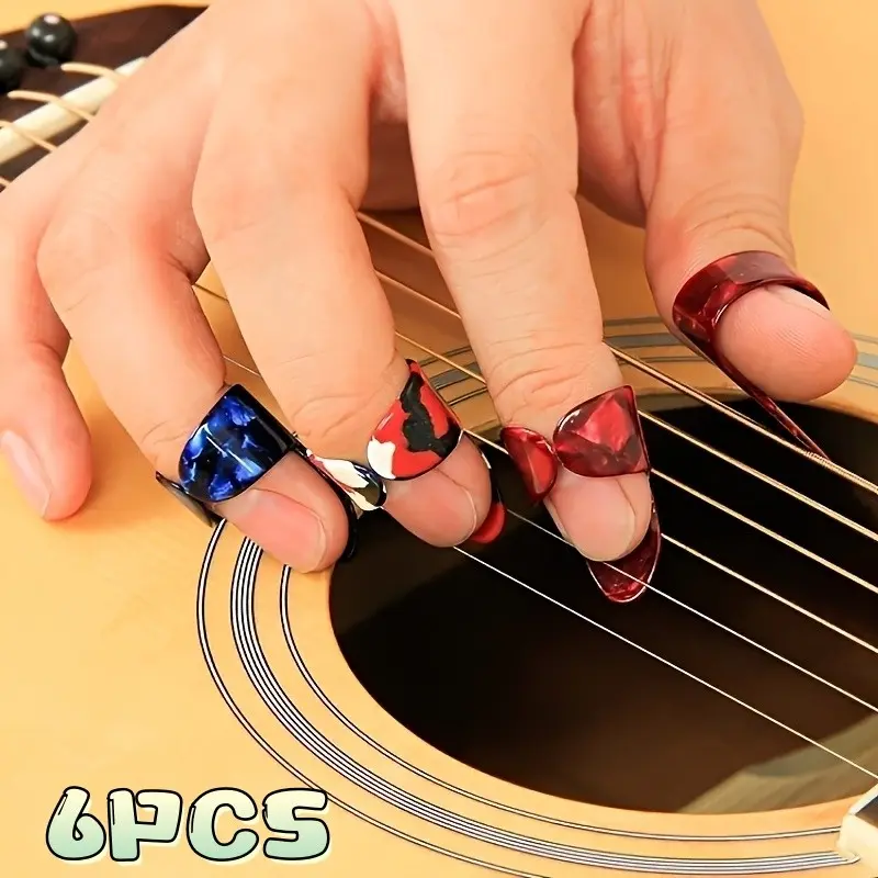 6Pcs Colorful Celluloid Guitar Finger Picks Set, 2 Thumb Picks & 4 Finger Picks, Fingerstyle Playing Accessories for Acoustic Guitar & Bass