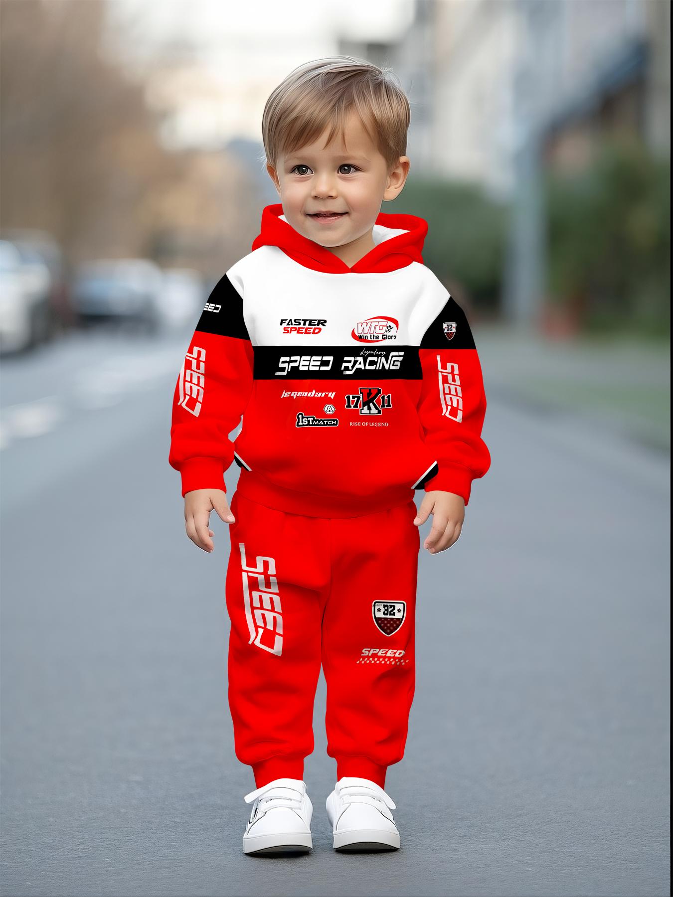 2pcs Boys' Racing Sport-Themed Digital Print Hooded Sweatshirt & Pants Set - Long Sleeve Casual Sportswear with "SPEED" & "Racing" Graphics, Comfortable Fabric, for Outdoor, Perfect For Outdoor, Ideal Clothing Gift For Kids