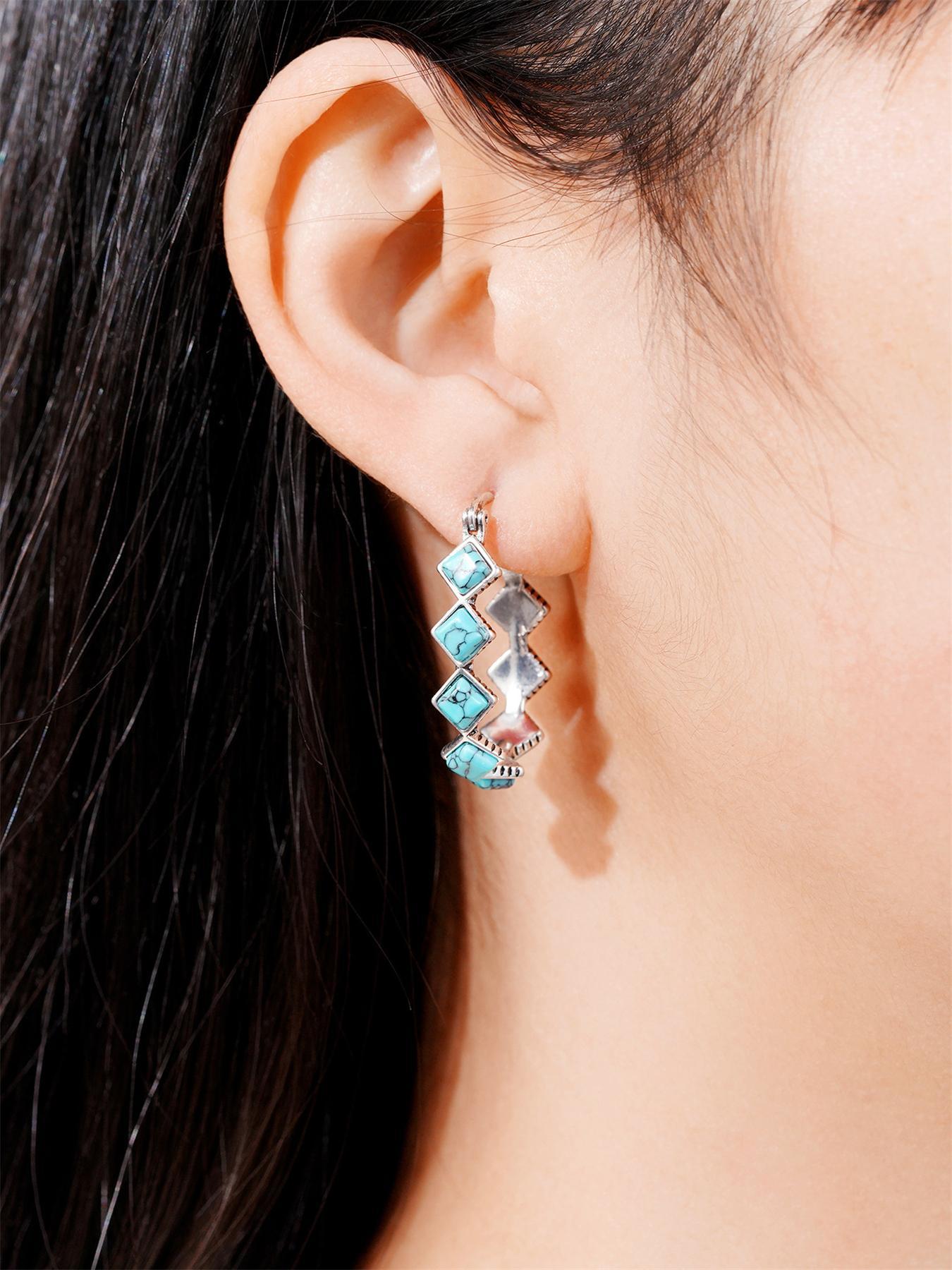 Women's Boho Style Turquoise Texture Design Hoop Earrings (1 Pair), Fashion Retro Hoop Earrings for Women & Girls, Trendy All-match Vintage Jewelry As Birthday Gift