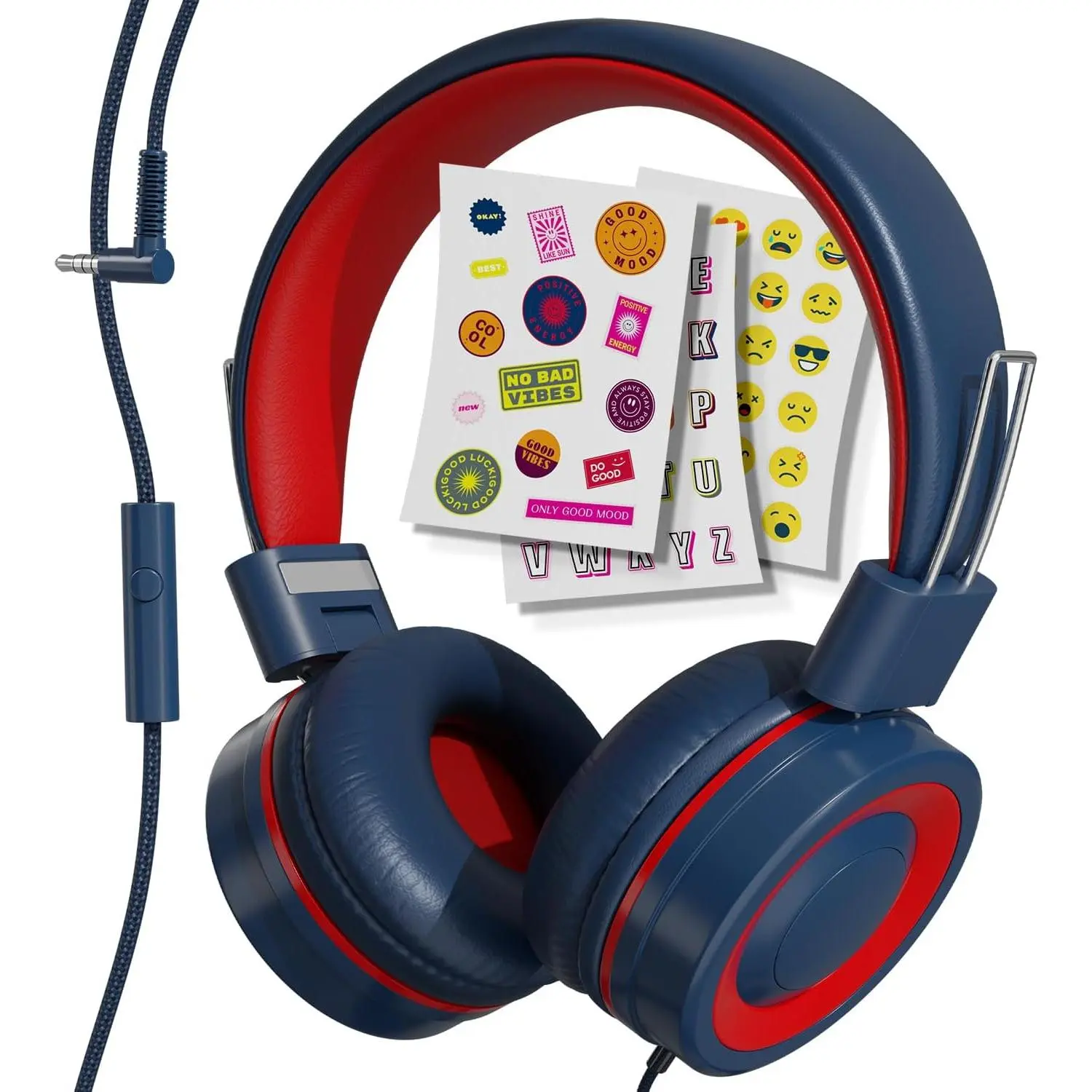 Headphones with Cord, Foldable Over Ear Headphones for  with Microphone, -Free Wired 85dB Safe Volume  Headphones for iPad, School, and Airplane - Navy