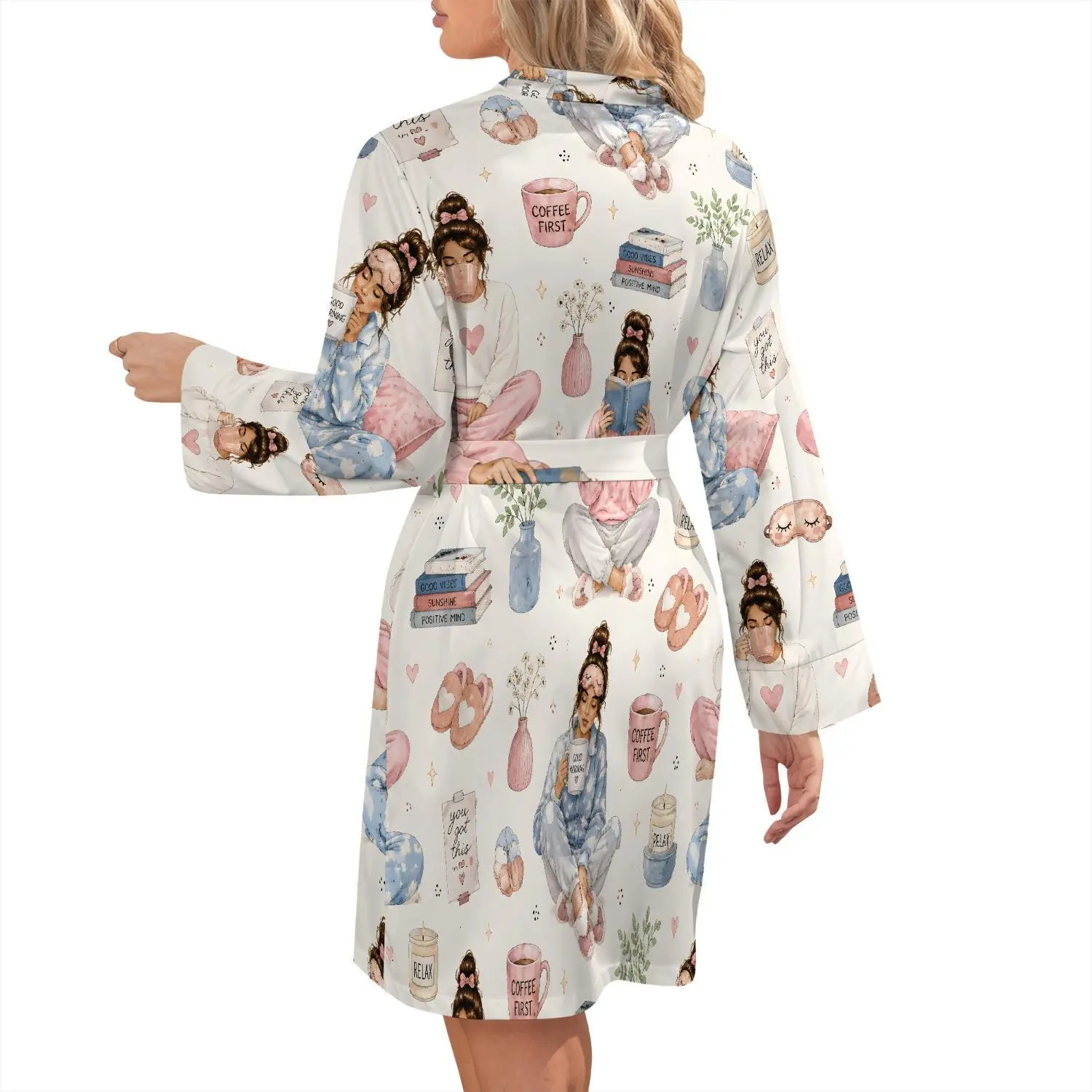 Women’s White Long Sleeve Satin Robe, Adjustable Wrap Waist Sleepwear, Cozy Lightweight Pajama Loungewear