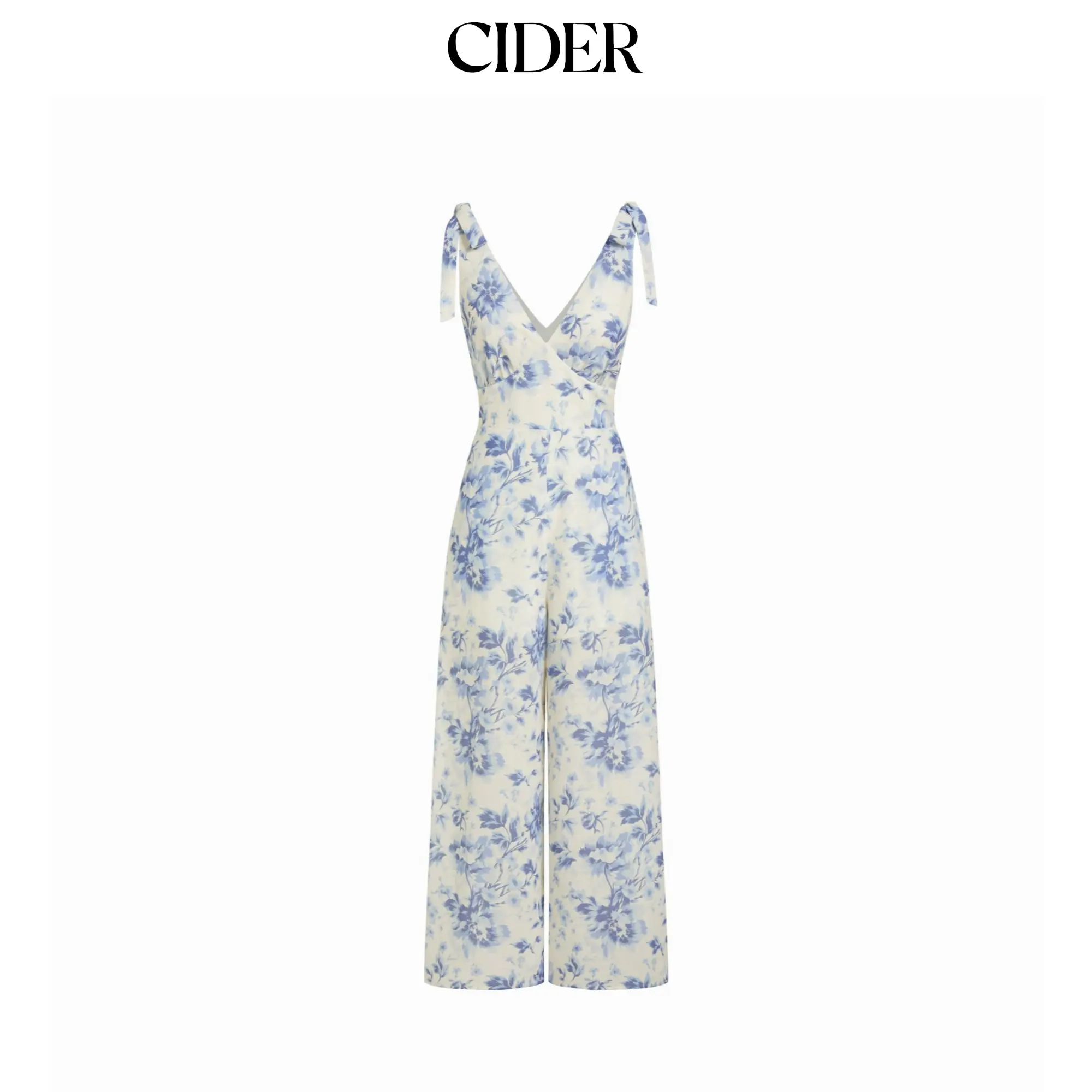 Cider Floral V-neck Bowknot Mid Rise Wide Leg Jumpsuit