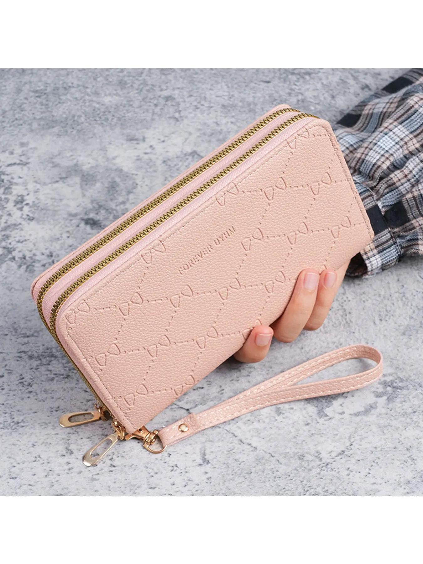 Women's Long PU Leather Wallet with Dual Zippers, Embossed Bow Design, Large Capacity Multi-Card Slot, Detachable Wrist Strap, Phone Cash Coin Purse