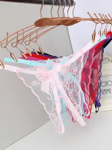 6 Colors Pack Women's Floral Embroidery Sheer Mesh Thong, Sexy See-through Lace G-String Low Rise Adjustable Straps Lingerie Panties