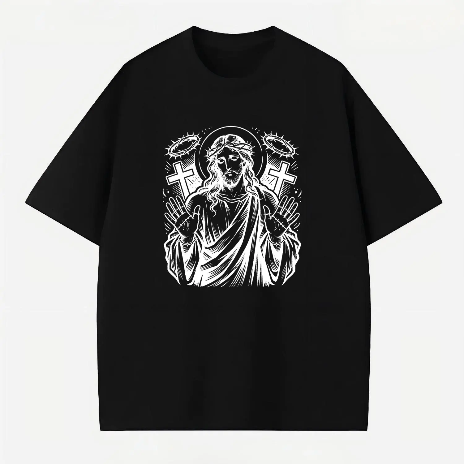 Men's Crew Neck Cotton T-Shirt - Ornate Line Art Jesus, Stigmata Hands, Cross, Halo, Vintage Tattoo Style, Casual Traditional Breathable Classic Spiritual Statement Top, Easter Christmas Gift for Church Believers
