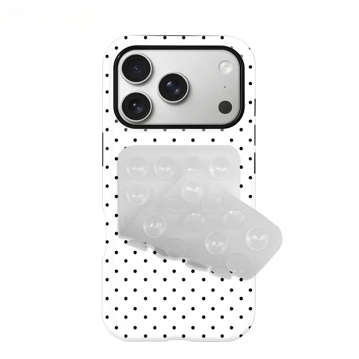 Classic Black & White Polka Dot 2-in-1 Suction Cup Phone Case, PC+TPU Glossy Hard Shell, Shockproof & Scratch-Resistant Cover for iPhone 17/17 Pro/17 Pro Max/17 Air/16/15/14/13/12/11/XR/XS Max, Minimalist Retro Style, Must-Have