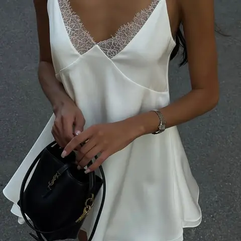 Women's Lace-Trim Cami Embellished Dress, Solid Color Sleeveless Summer Dress for Party, Club & Dating Wear
