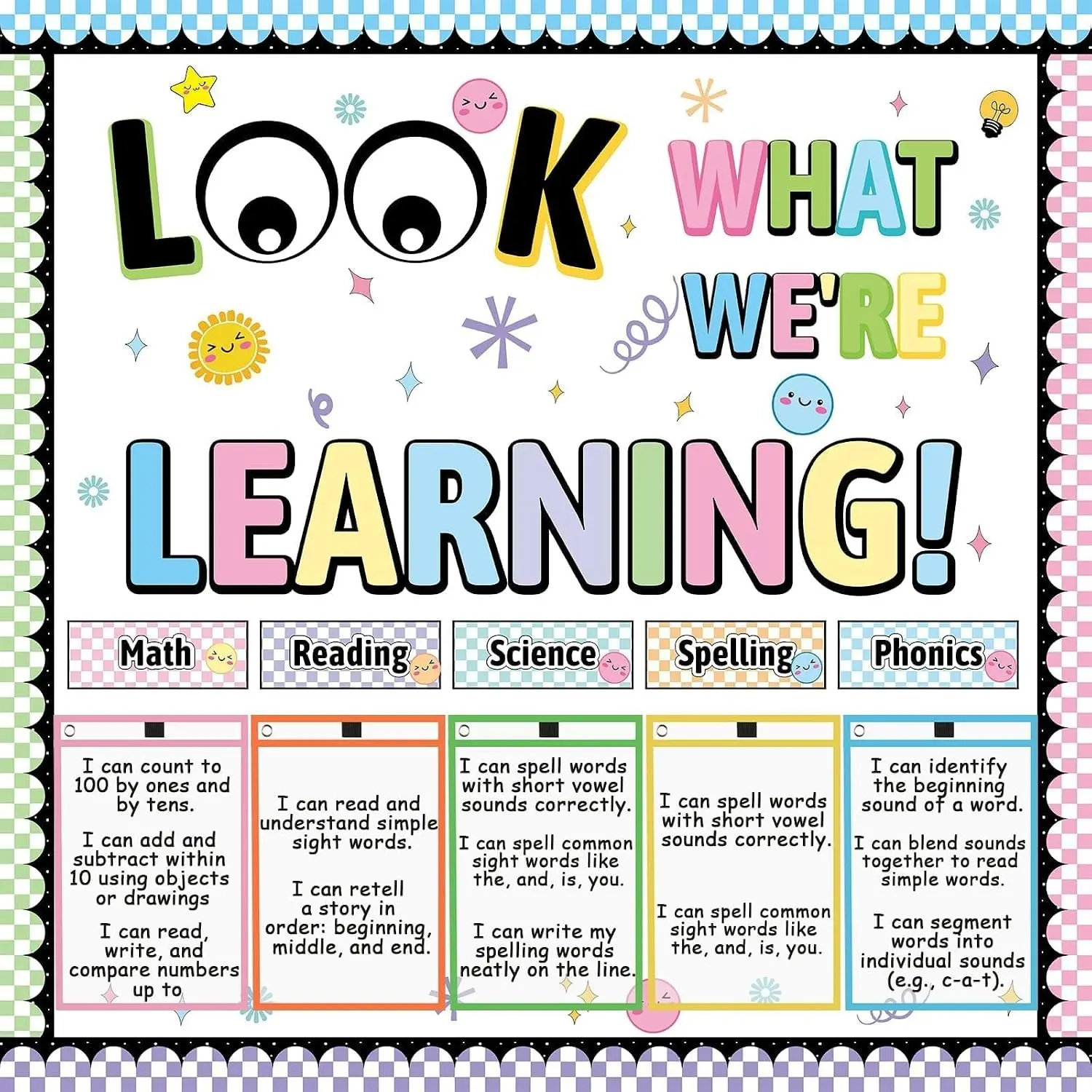 Back to School Bulletin Board Decorations Clear Dry Erase Pockets Learning Objectives Cutouts, Teacher Supplies for Classroom Office Chalkboard Wall Door Decor