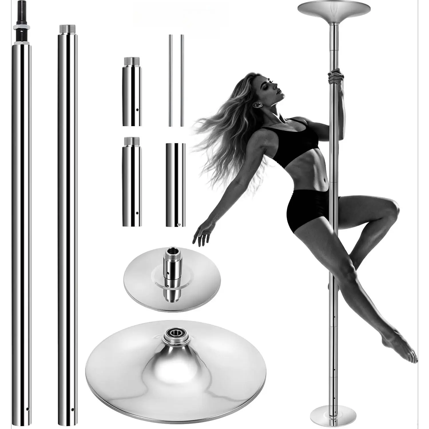 Dancing Pole 45mm Silver Adjustable Height 7.6ft - 9ft Removable Portable for Home Pole Dance Fitness with Floor Ceiling Protection for Carpet Hard Floor Spinning Static
