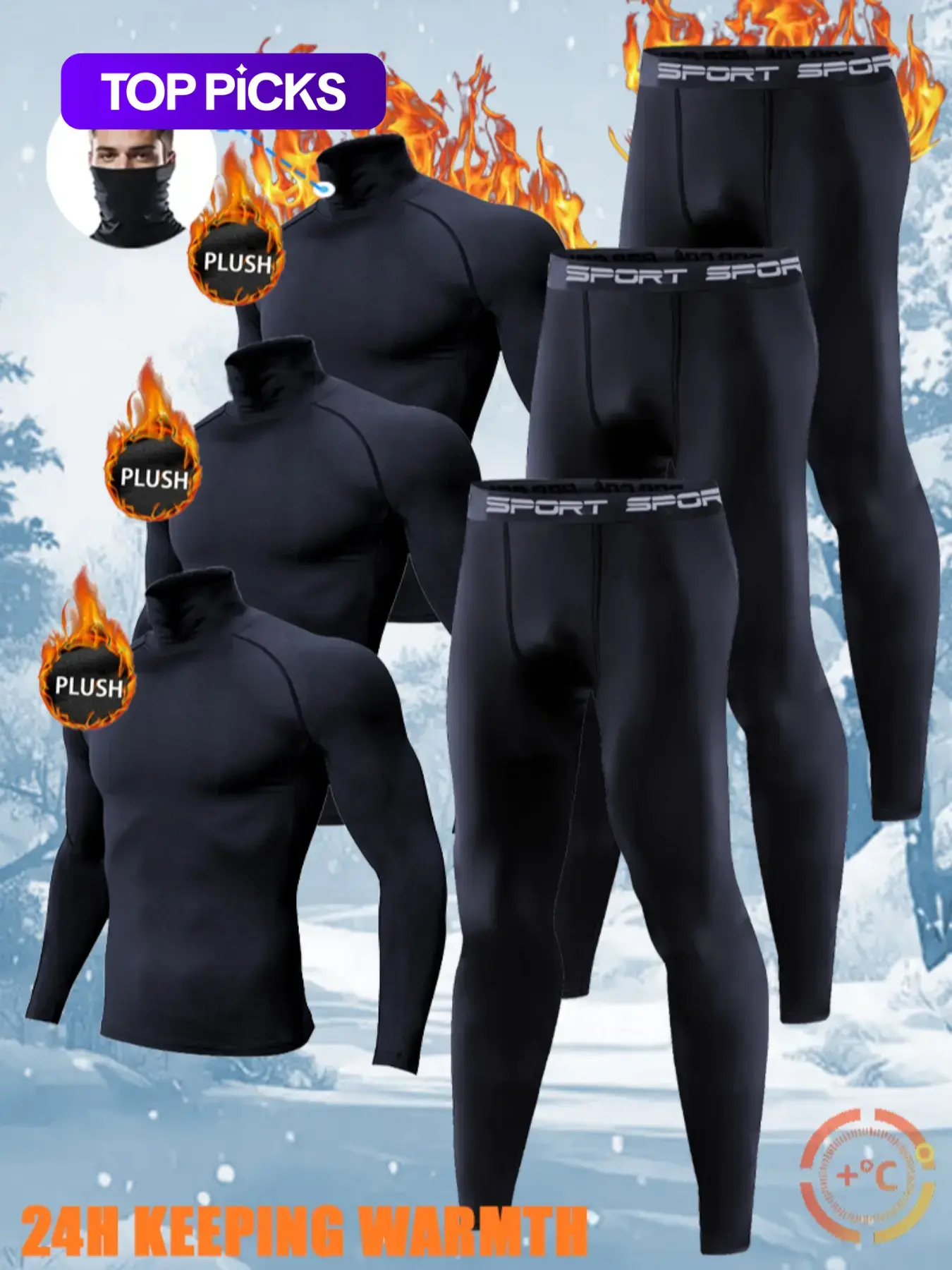 【Black Friday】Men's 6-Piece Warm Tech Fleece Base Layer Set, Thermal-Lined Sportswear, High-Neck Tight-Fitting Long-Sleeve Top & Pants, Fleece-Lined Stretchy Sports Underwear for Winter Training, Skiing, Running