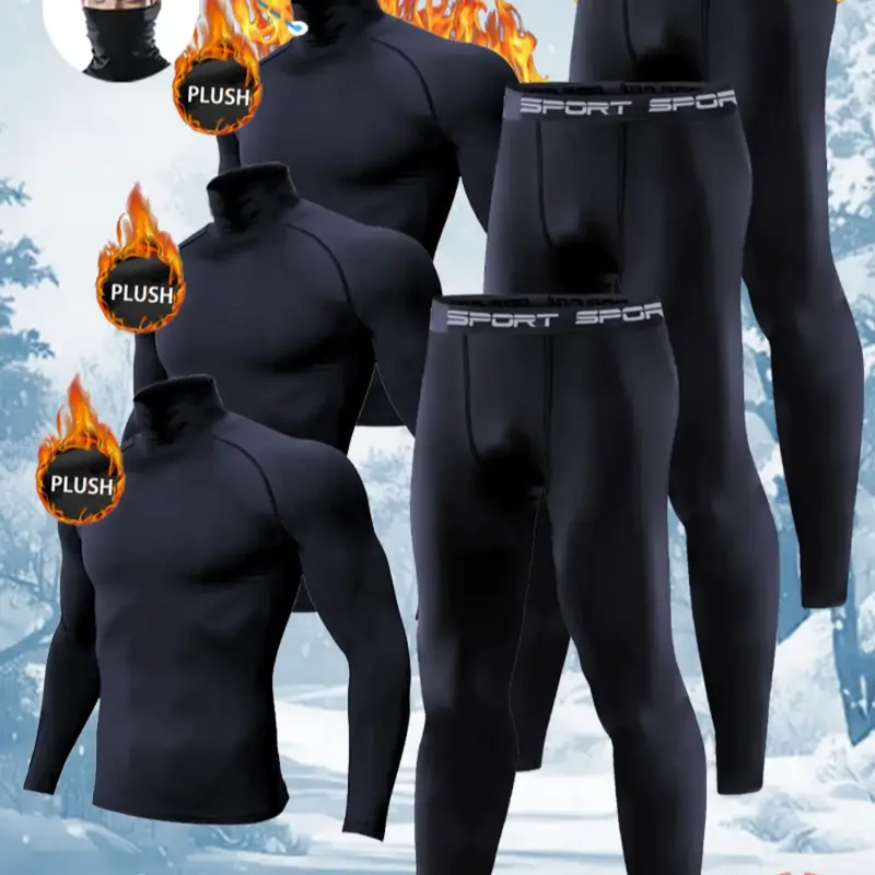 【Black Friday】Men's 6-Piece Warm Tech Fleece Base Layer Set, Thermal-Lined Sportswear, High-Neck Tight-Fitting Long-Sleeve Top & Pants, Fleece-Lined Stretchy Sports Underwear for Winter Training, Skiing, Running