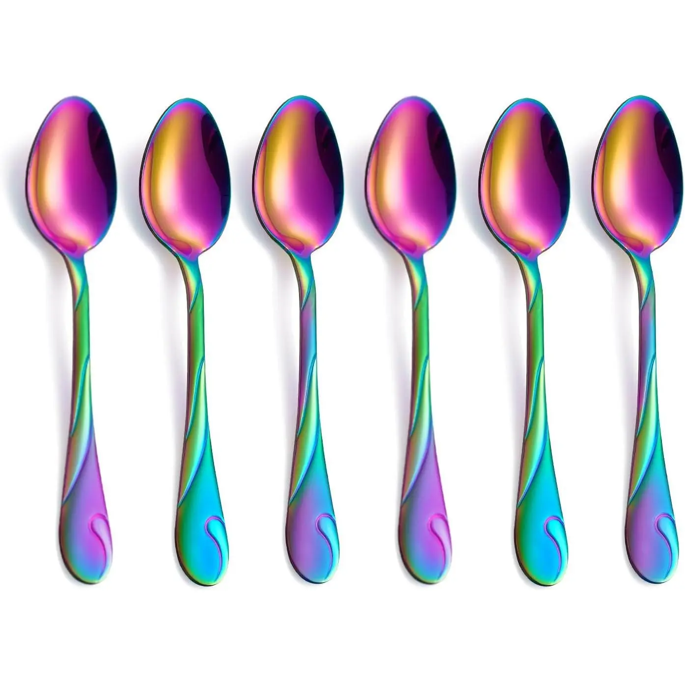 Rainbow Dessert Spoons,  6.5-inch Stainless Steel Shiny Rainbow Teaspoon, Espresso Coffee Spoon,  Spoons Silverware, Set of 6