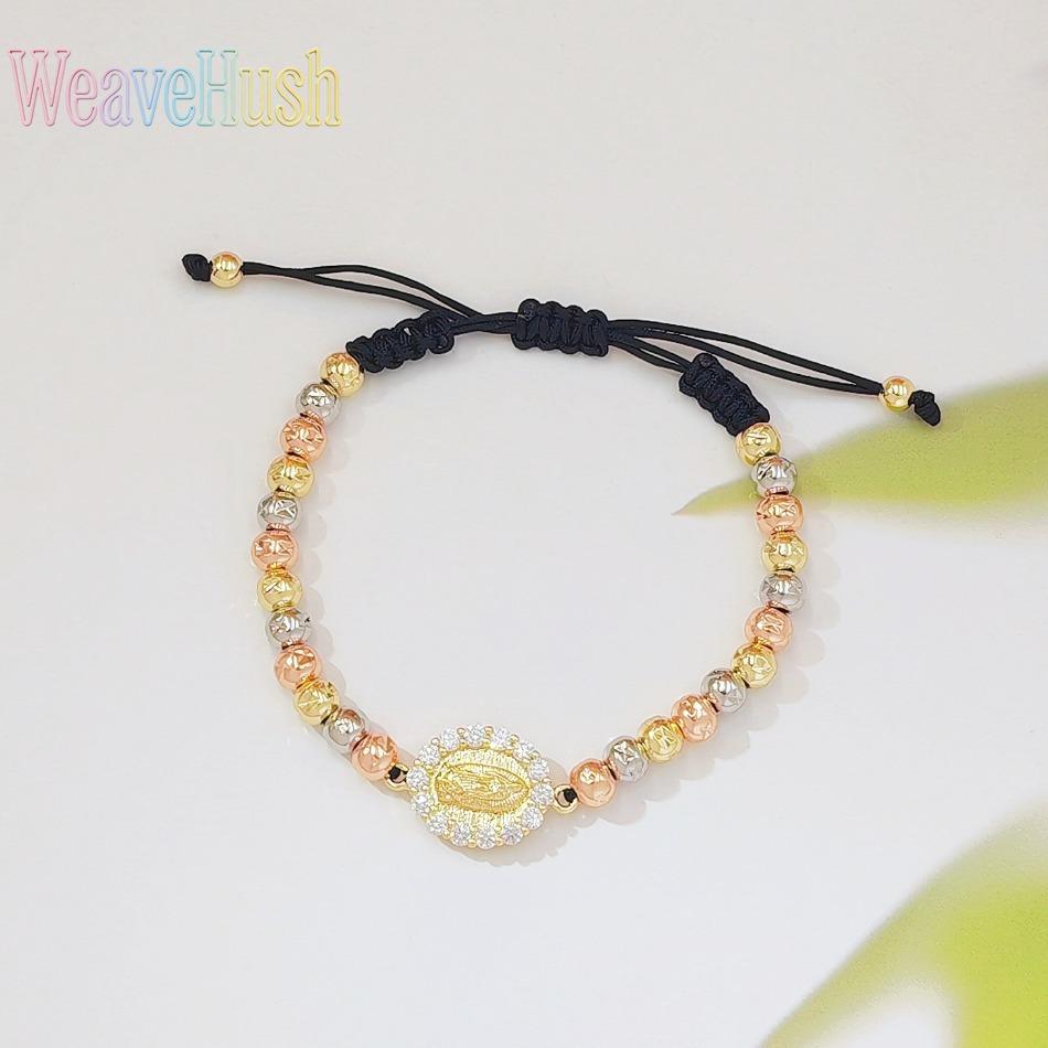 Tricolor Gold Virgin Mary Braided Bracelet, 18K Gold Plated Religious Beaded Adjustable Hand Rope, Catholic Faith Jewelry for Women, Vintage Inspired Spiritual Charm Bracelet, Perfect for Daily Wear, Prayer, Church & Sentimental Religious Gifting