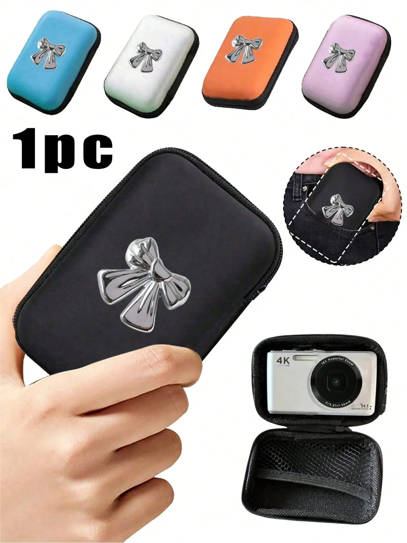 Portable Mini Storage Bag with Y2K Silver Color Bow Decor, Waterproof Eva Hard Shell Camera Case, Shockproof Organizer for Digital Devices