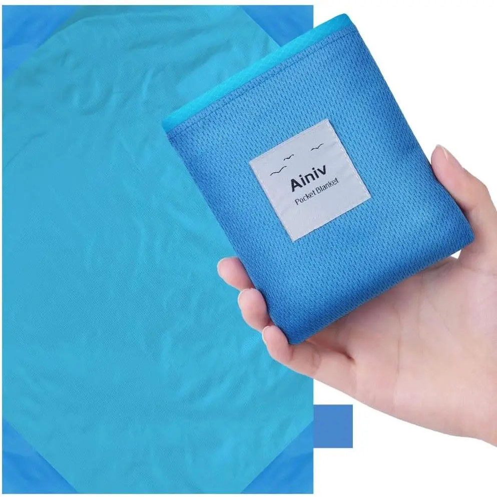 Ainiv Foldable Fit Picnic Blanket - 43.3x55.1IN Mini Pocket Sandproof Beach Mat for 2-3 People, Lightweight Waterproof Quick-Dry Fabric Thin Ground Sheet with Hand Strap, Bulk Multi-Functional for Camping Hiking Travel, Wash Cold, Foldable Mat, Outdoor Ca