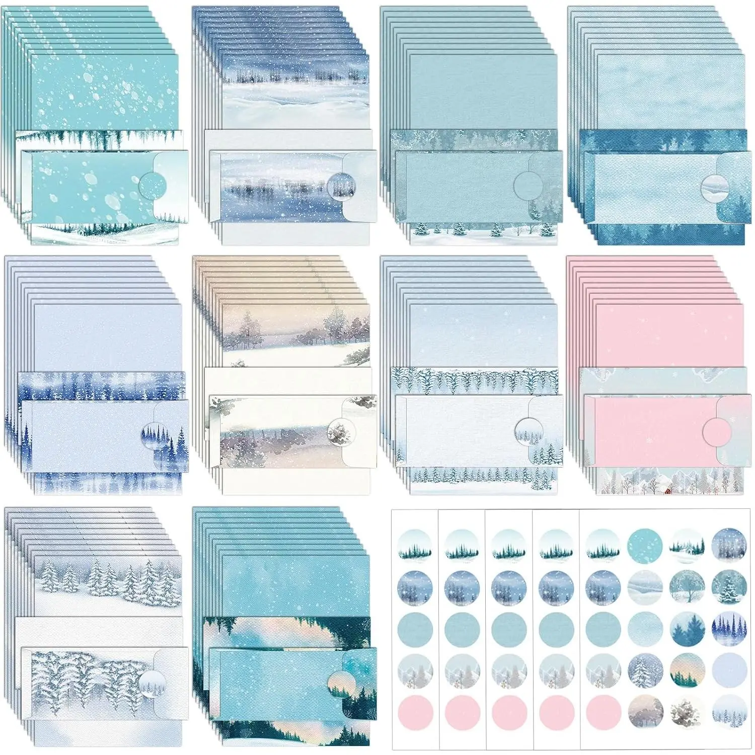 250 count Christmas Winter Stationery Paper and Envelope Set with 100 Letterhead Papers and 50 Envelopes, 10 Design for Letter Writing Invitations  Holidays Party Notes, 8.5x11 Inch-Snowy