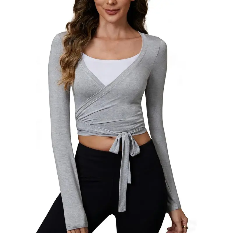 Women's Pilates Wrap Tops V-Neck Tie Long Sleeve Ballet Yoga Workout Shirt| Cross Front&Back Tie, Dance Outfits, Cover up Top, Bolero Shrug Cardigan