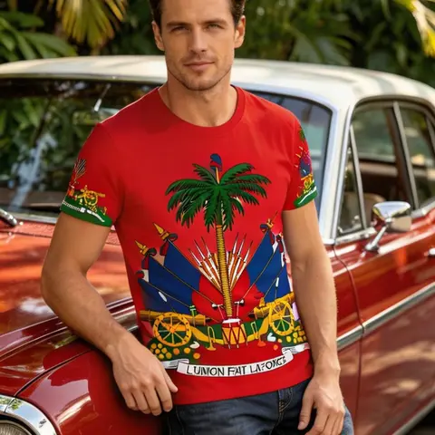 Haitian Pride Men's Casual Breathable Cultural Print Shirt, National Emblem L'union Fait La Force Patriotic Top, Haitian Culture Tropical Short Sleeve Tee for Independence Day