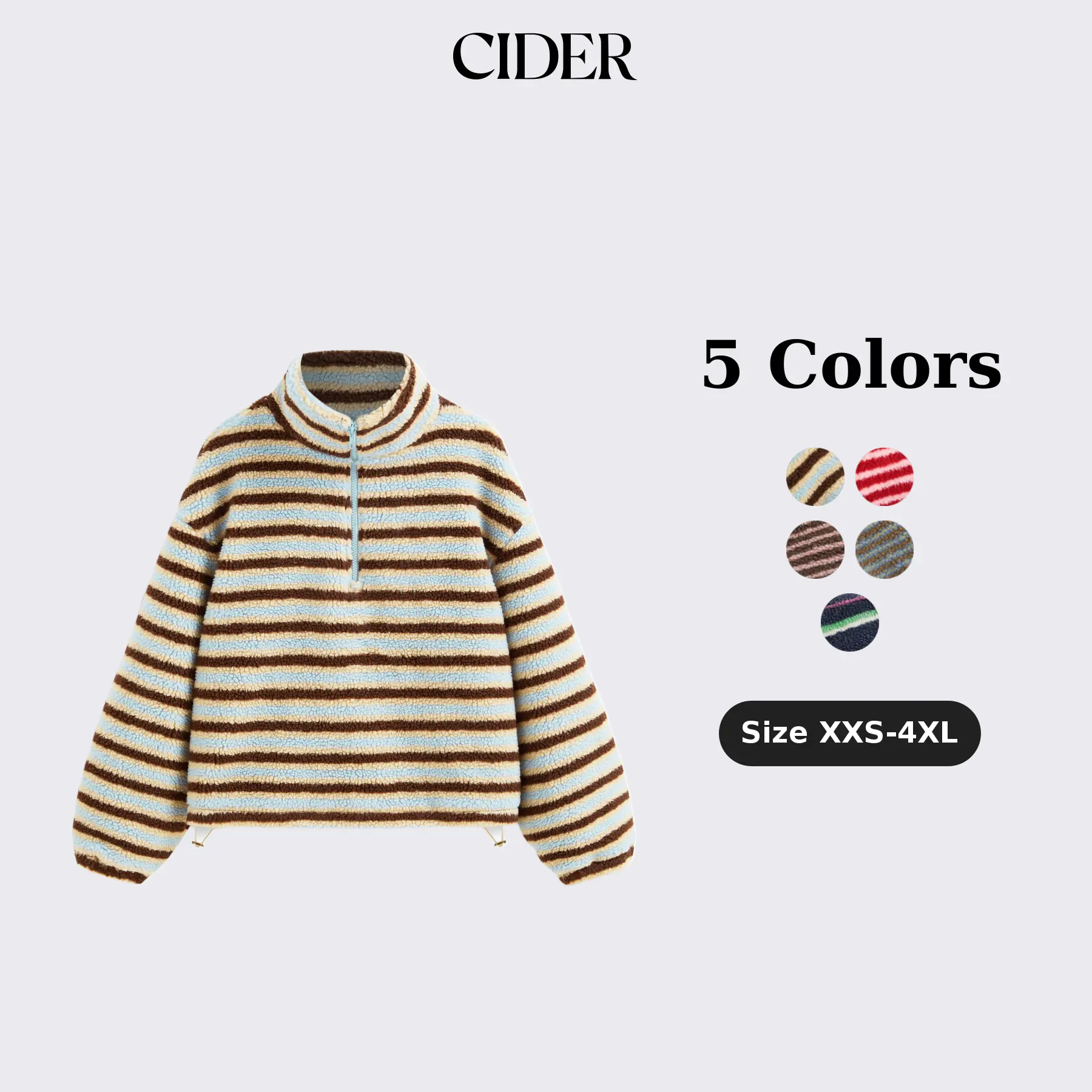 Cider Fleece Stripe Stand Collar Drawstring Half Zip Oversized Sweatshirt
