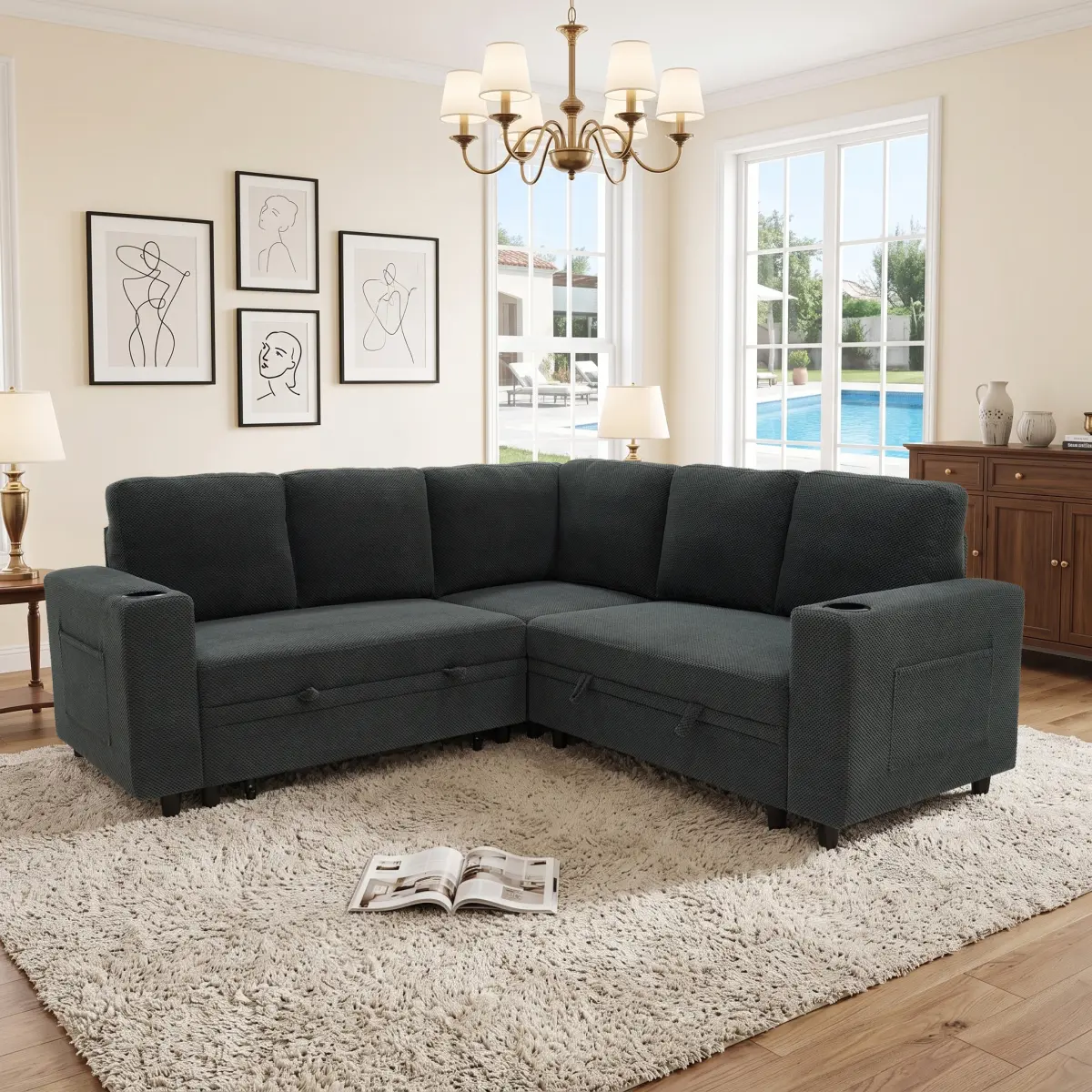 Aobtkel 76.5" L-Shaped Sectional Sofa Bed with Pull-Out Sleeper and Hidden Storage, Convertible Corner Couch with Cup Holders, Side Pockets and Plush Upholstery for Living Room, Apartment, Condo and Guest Room