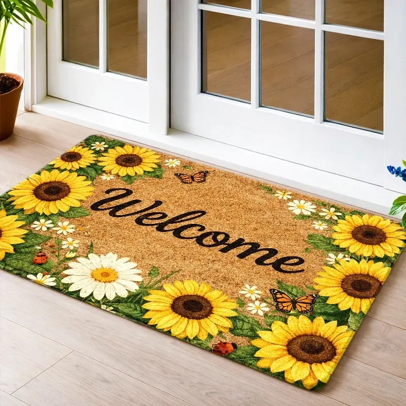 Single-pack flannel doormats, 2D flat printing, sunflower and butterfly welcome pattern, durable and machine washable, universal indoor floor mats, suitable for kitchens, bedrooms, and living rooms.