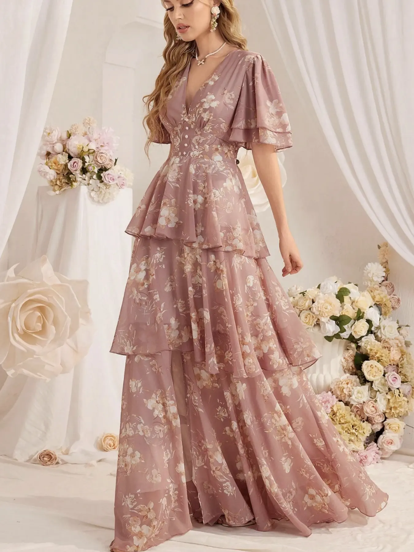 Elegant Chic Lightweight Ditsy Floral Dress, V-Neck Flutter Sleeve, Layered Cake Skirt, Split Design, Bridesmaid Dress, Party Gown, Long Dress, Bridesmaid Formal Dress