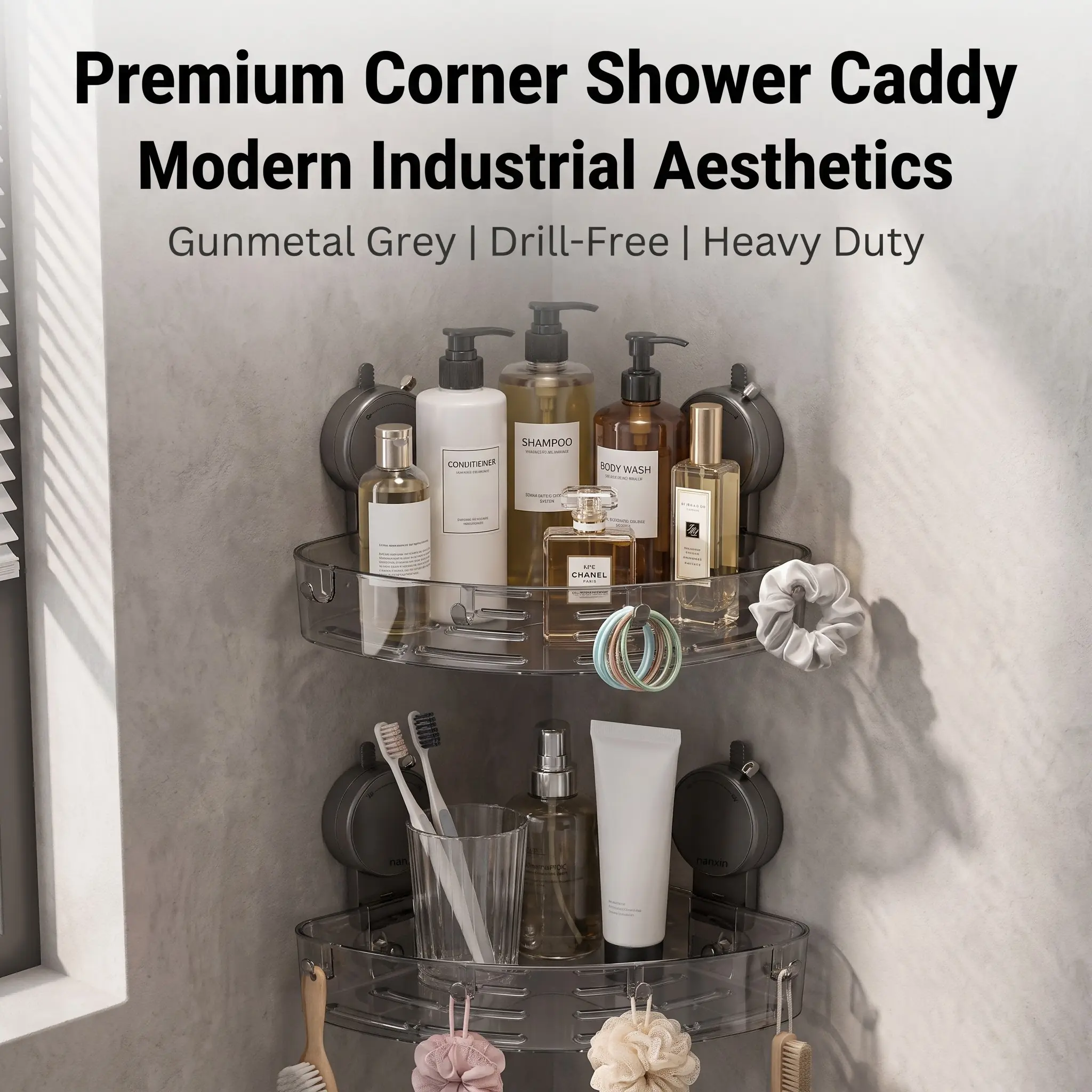 No-Drill Bathroom Suction Cup Storage Rack, Tpu Flexible Adhesive, Holds over 6kg, with Hooks, Waterproof, Reusable, Multi-Scene Use
