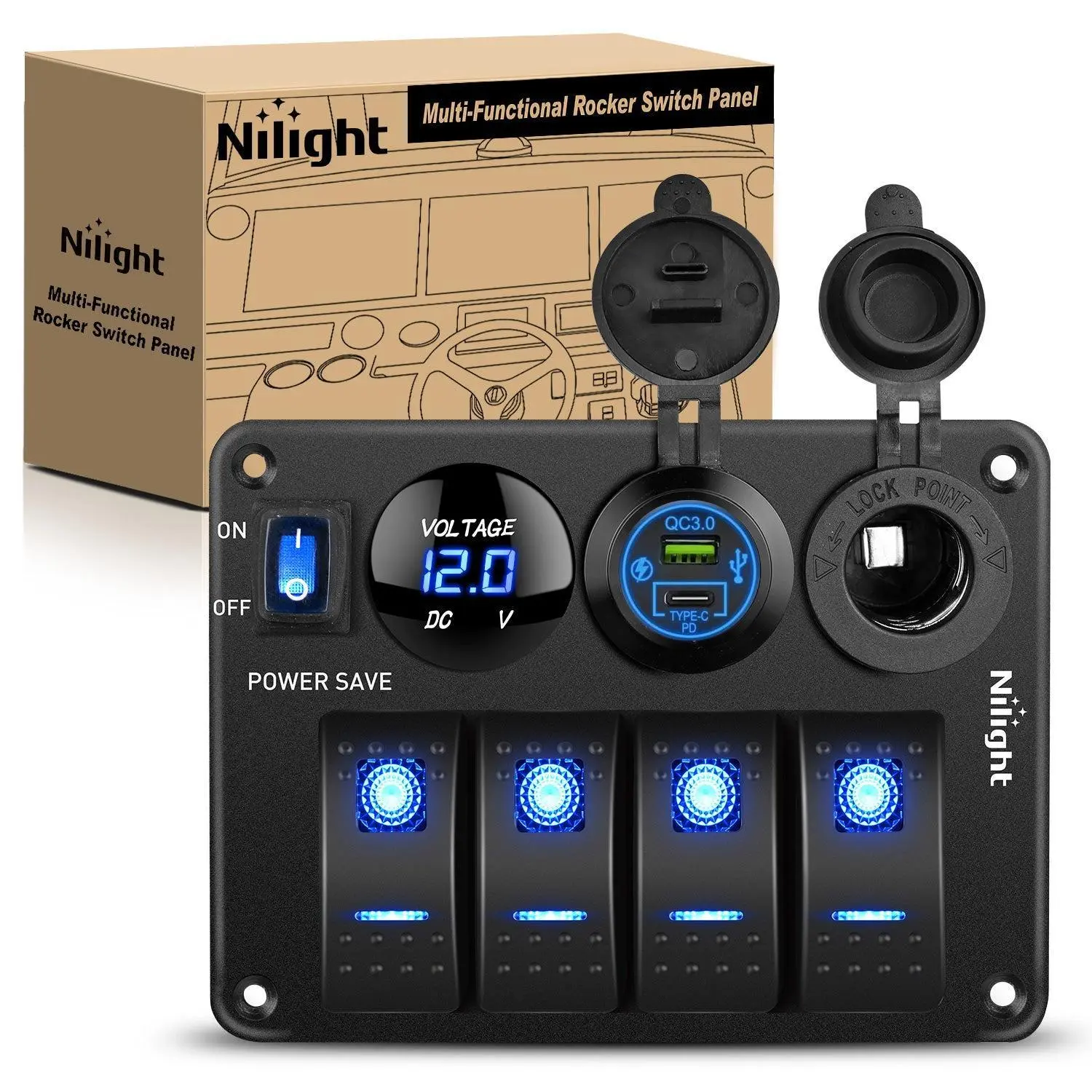 Nilight 4-Gang Compact Waterproof Pre-Wired Aluminum Auto On-Off Rocker Switch Panel, 12V-24V Power Control with PD Type-C, USB, Cigarette Lighter Socket, Voltmeter, LED Glow for Outdoor Cars, Boats, Tool Upgrade, Control Loads