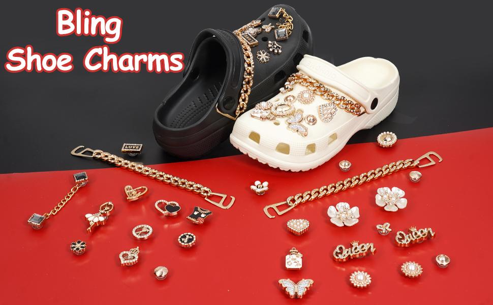 Bling Shoe Charms for Girls and Women, Girly Gold Shoe Charms for Crocs, 24 count Glitter Shoe Charms Bulk, Shoe Chains Shoe Pins, Shoe Accessories, Rhinestones Shoe Decoration