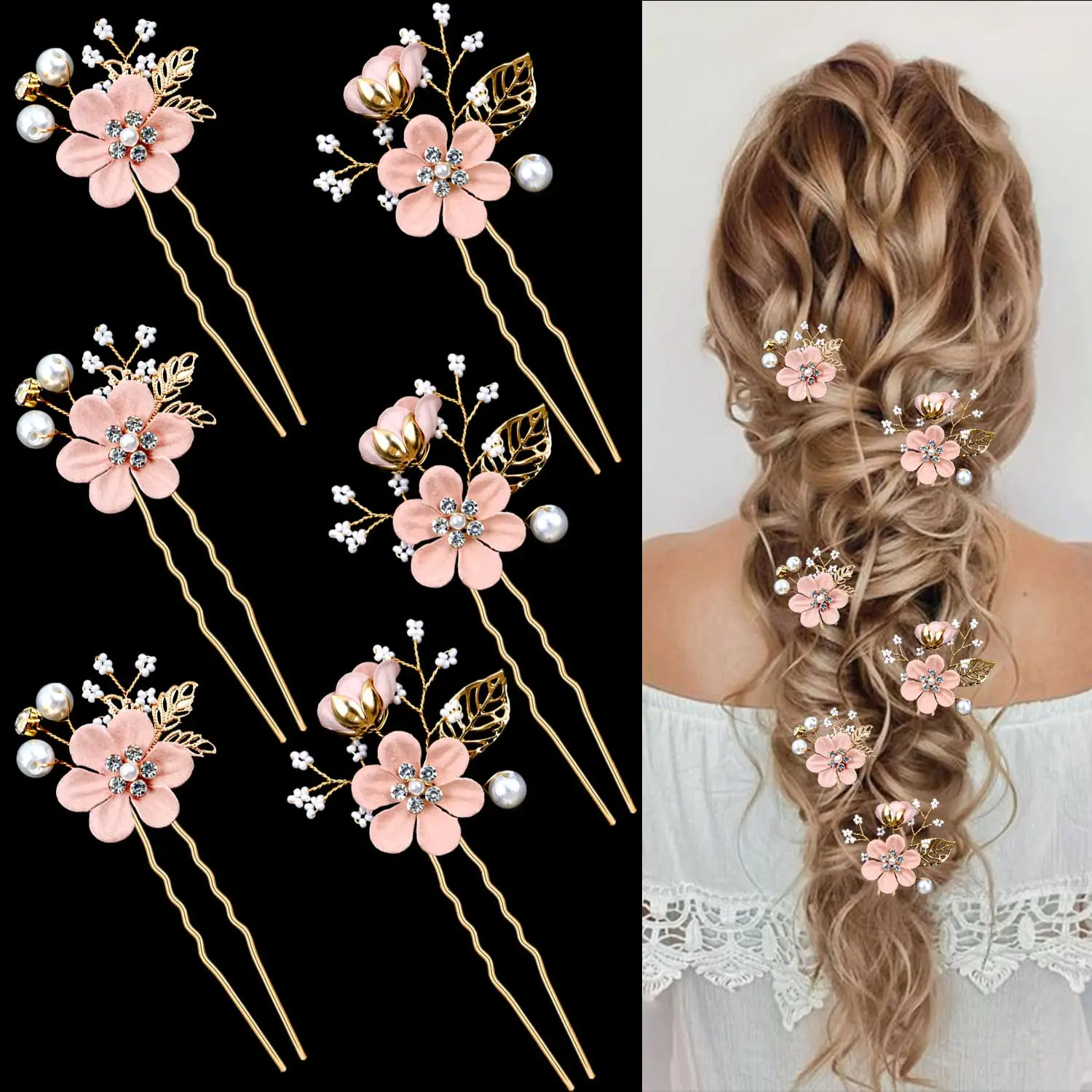 Cherry Blossom Hair Pins, 6-Piece Pink Gold-Tone Bridal Set with Crystal, Pearl & Rhinestone for Women's Wedding Updos, Flowers, Cherry Blossoms, Floral, Jewelry With Rhinestone