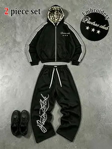 Men's Two-Piece Sportswear Set, Leopard Print Hooded Zipper Jacket + Wide Leg Sweatpants, Hip Hop Streetwear