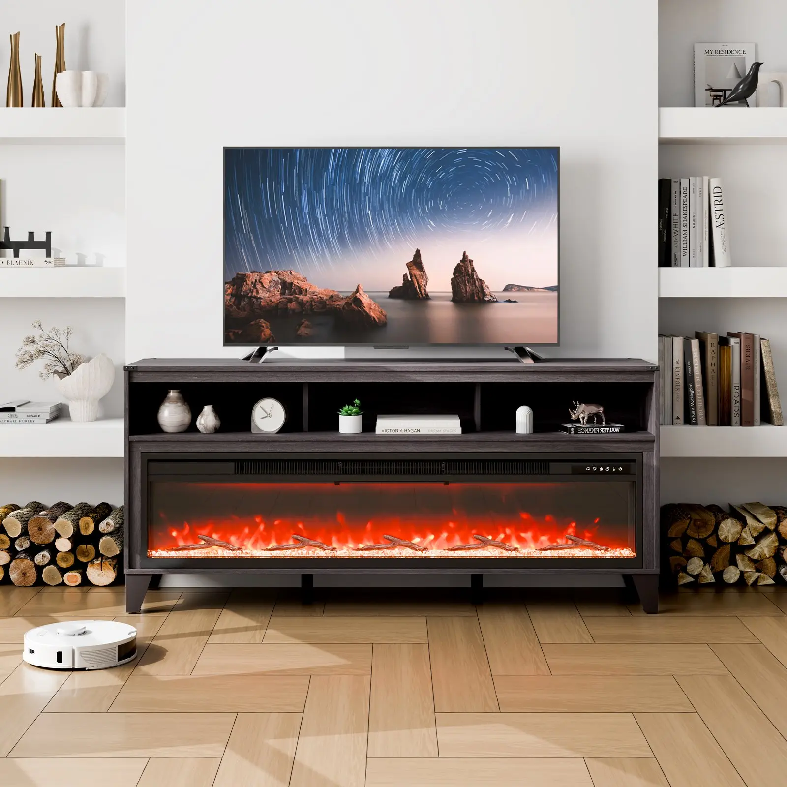 【Summerfinds】VEVOR 80" Fireplace TV Stand, Media Storage Corner with 60" Fireplace, Storage Drawers & Cabinets, Industrial Style TV Console Table with 20 Flames, Remote Control & Timer for Living Room, Black