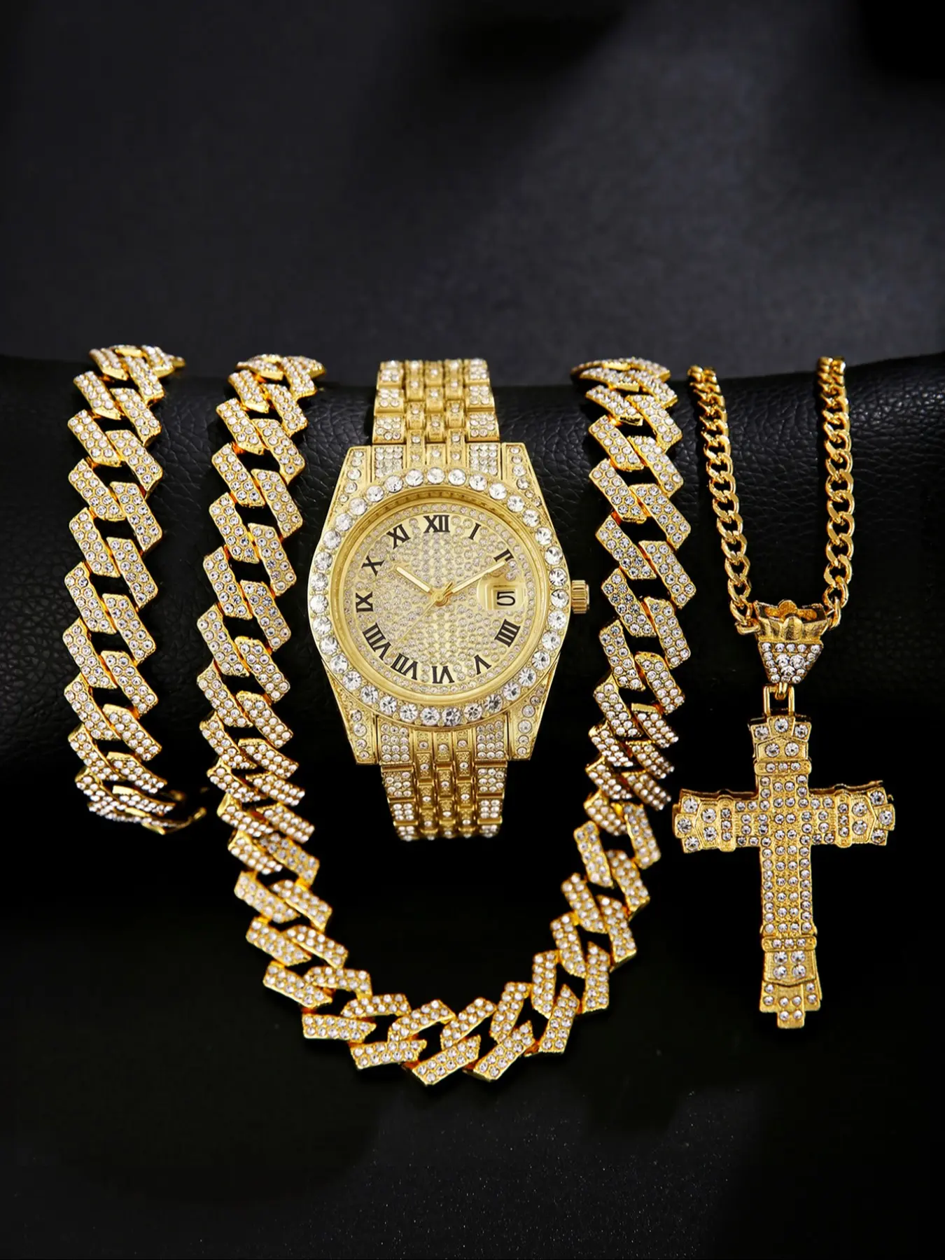 4pcs Men's Fashion Watch Set, Full Diamond Roman, Cuban Chain Cross Necklace, Perfect Gift for Father's Day, Christmas, Birthday