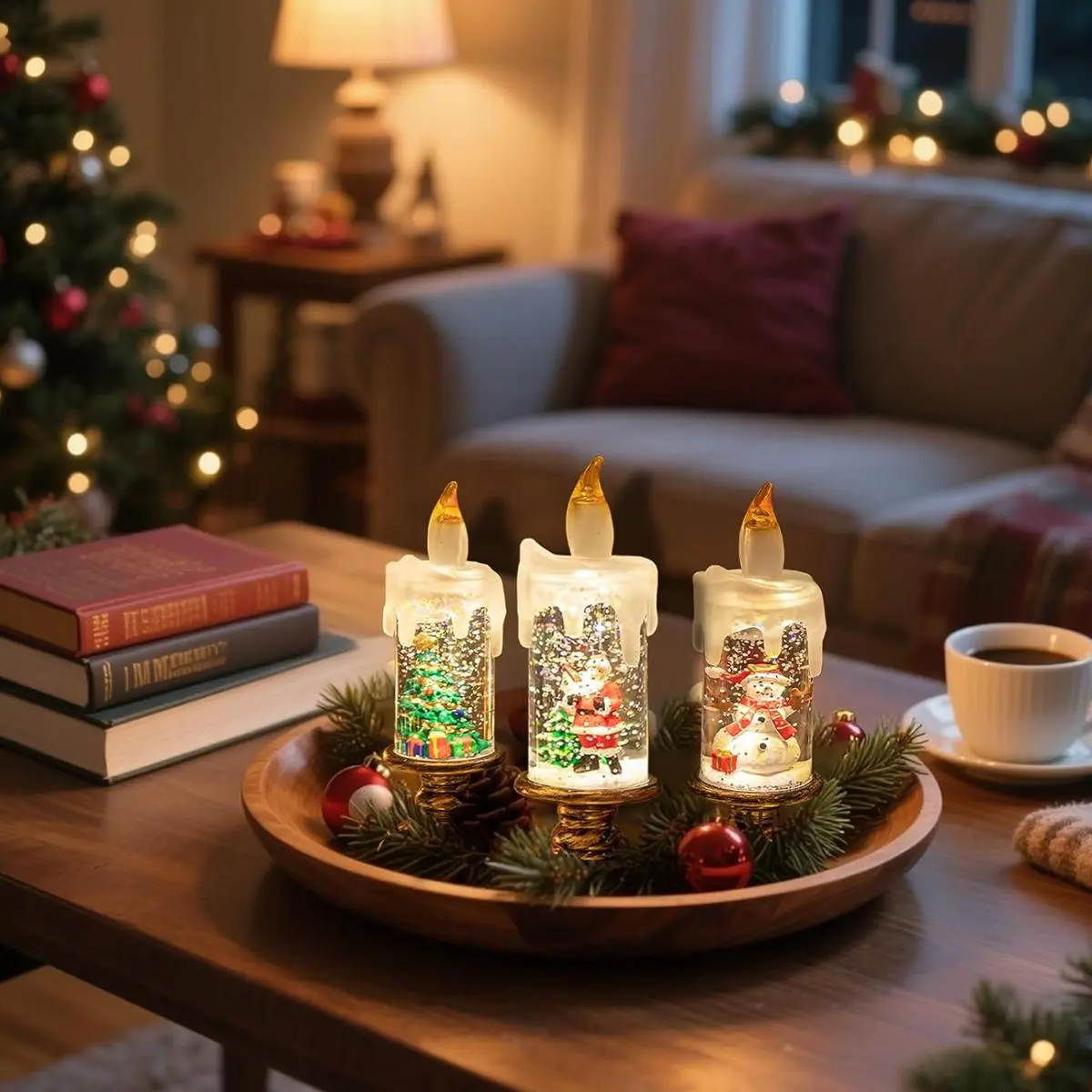 Christmas Snow Globe Candle Battery Operated Lighted Flameless Candles Light Swirling Water Glittering Spinning Candles for Christmas Home Decoration