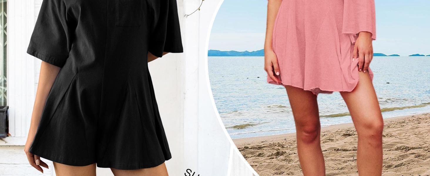Imily Bela Rompers for Women 2025 Spring Outfits Summer Casual Short Sleeve Crew Neck Loose Jumpsuits with Pocket