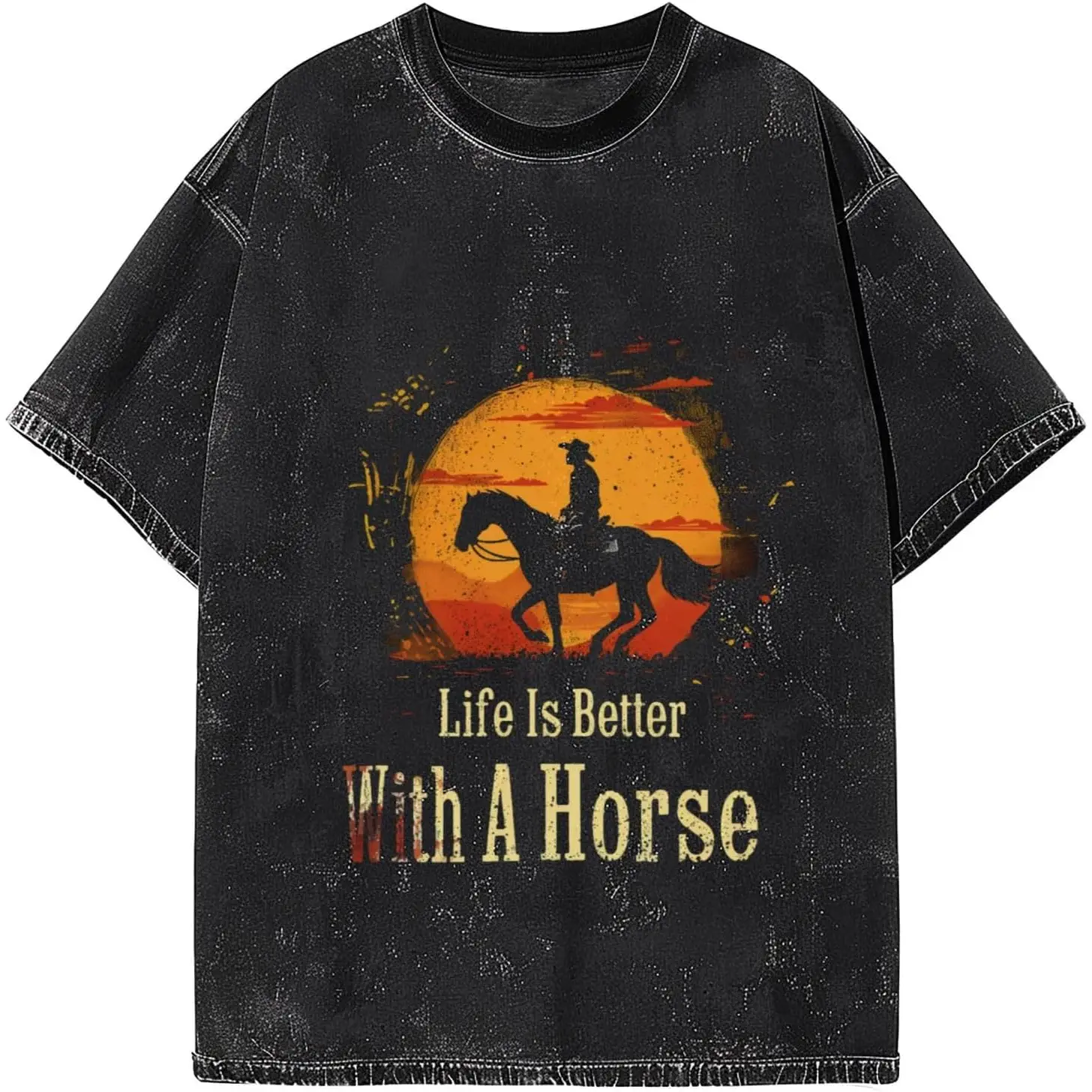 Vintage Wash Western Cowboy Equestrian Graphic Tee Acid Wash Aesthetic Heavyweight Premium Cotton Tshirt Sunset Horse Riding T Shirt Women Short Sleeve Crewneck Top Best Birthday Fun Gift Men Loose Casual Top Oversized Trendy Stylish Summer Outfit