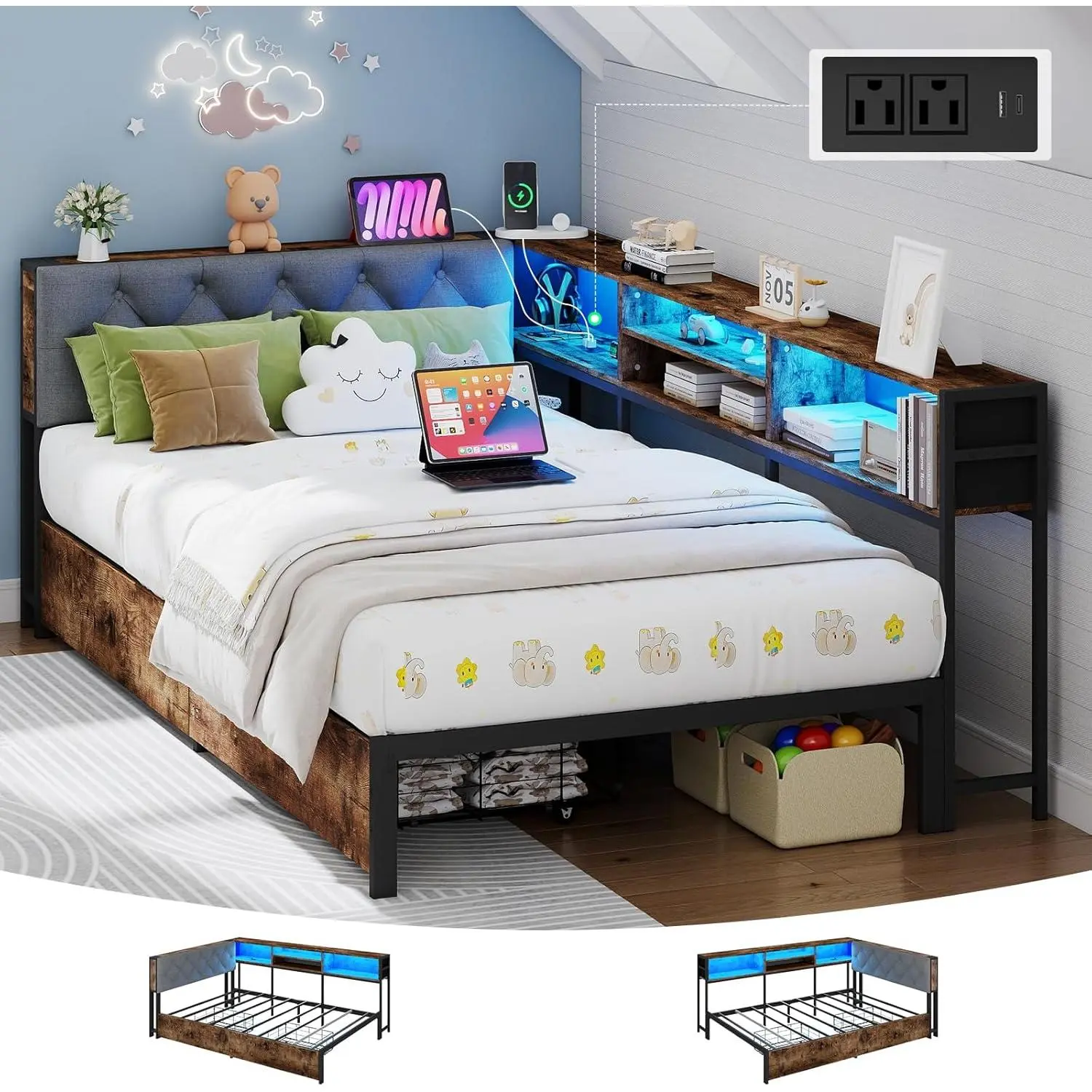 Doltoro Corner Bed Frame with Storage Bookcase and LED Lights Twin XL Platform Bed Frame with Upholstered Headboard and Charging Station, Twin XL Daybed with 2 Storage Drawers, Rustic Brown & Gray 86.2"L x 49.2"W x 30"H