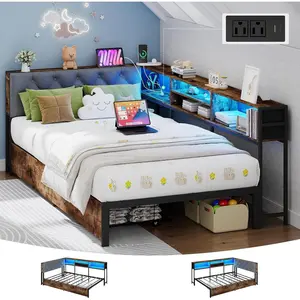 Doltoro Twin Corner Bed Frame with Storage Bookcase and LED Lights, Twin Size Daybed with 2 Storage Drawers, Upholstered Platform Bed with Headboard and Charging Station, Rustic Brown & Gray 81"L x 49.2"W x 30"H