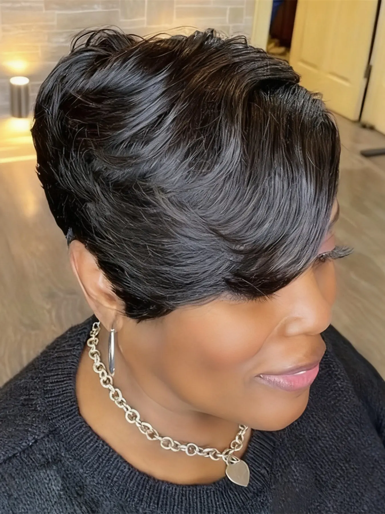 short straight human hair wig pixie layered wig black color pixie cut machine made pixie wig daily party use human hair wig for women stylish gift wig