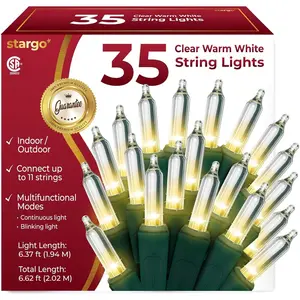 Warm White Christmas Tree Lights 6.3 ft String of 35 Incandescent Mini Bulbs Multifunctional Lighting Modes for Decor Bedroom Outdoor Xmas Twinkle Lights with Green Wire Total 6.6 ft