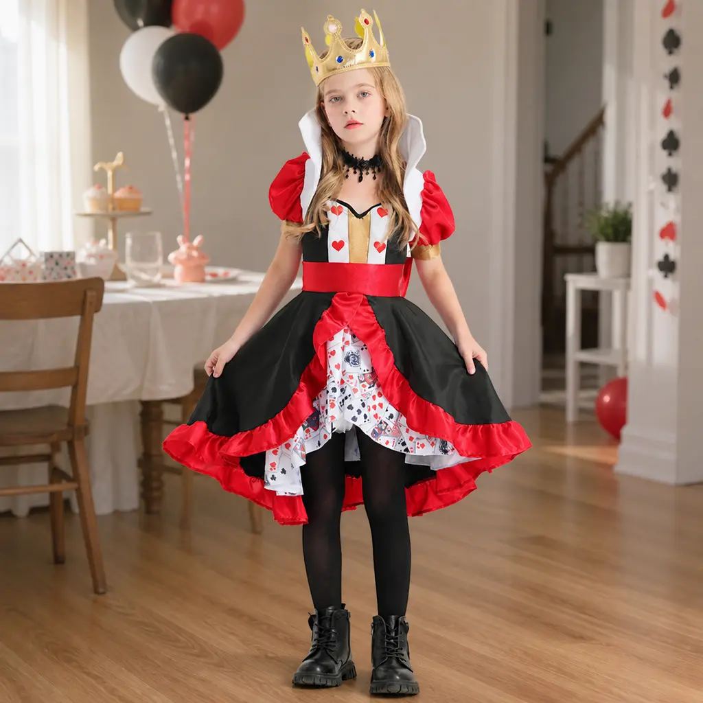 Girls Card Queen Costume Dress, Red Black Princess Style Outfit for Halloween, Storybook Party, Cosplay & Stage Performance