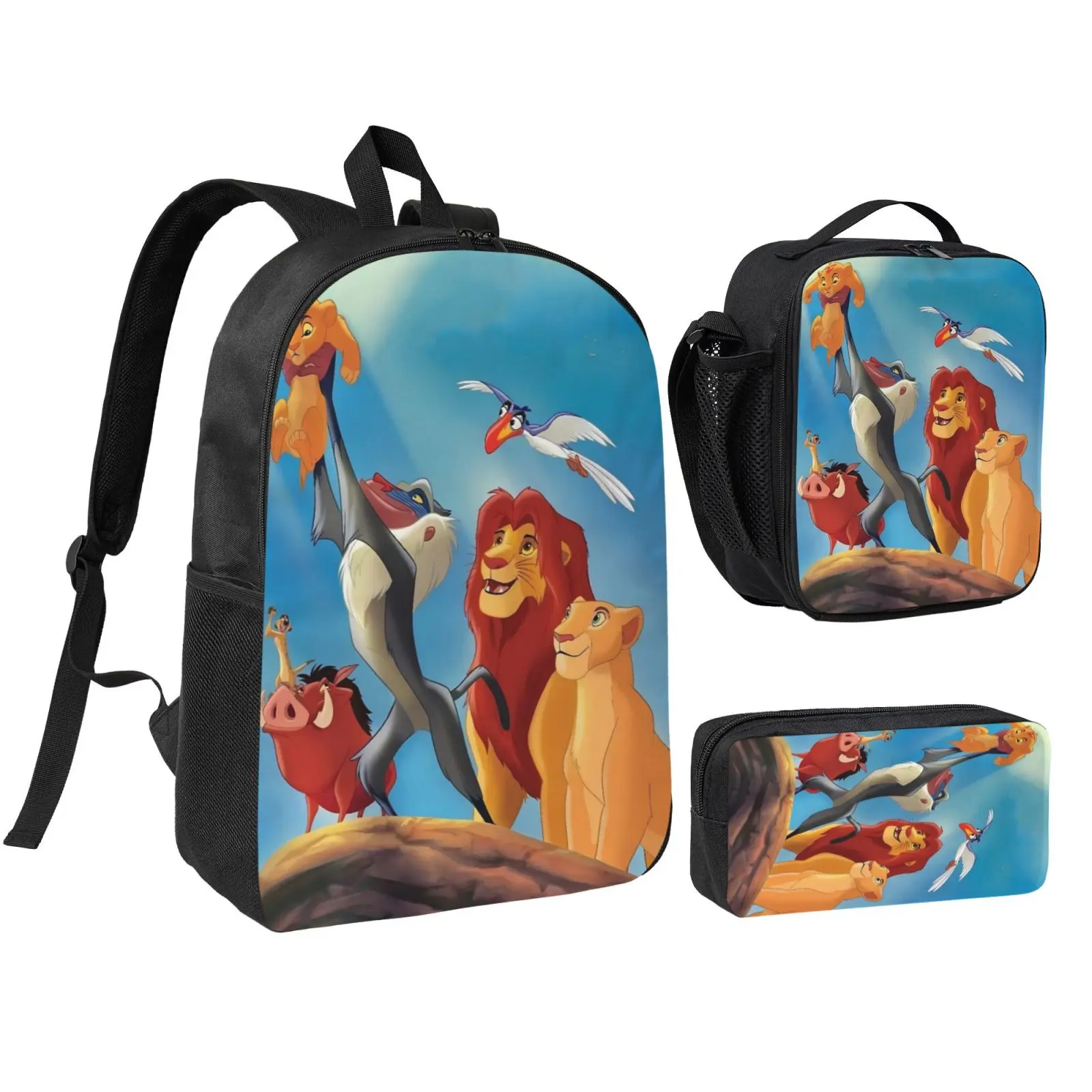 Unisex Lion King 2 3-Piece Waterproof Backpack Set for Teens, School Bookbag with Lunchbox & Pencil Case, Anime Design with Adjustable Straps for Office & Travel