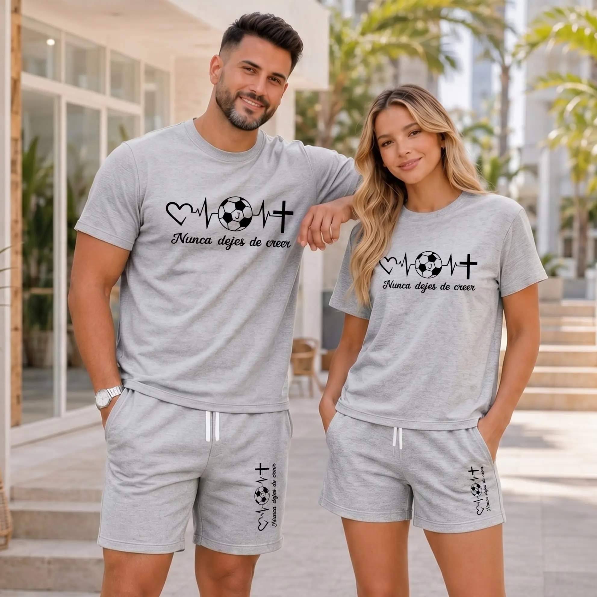 Couples Matching Soccer Graphic T-Shirt and Shorts Set, Never Stop Believing Print Summer Two Piece Outfit, Casual Short Sleeve Tee and Drawstring Shorts for Sports, Travel, Streetwear, Daily Wear