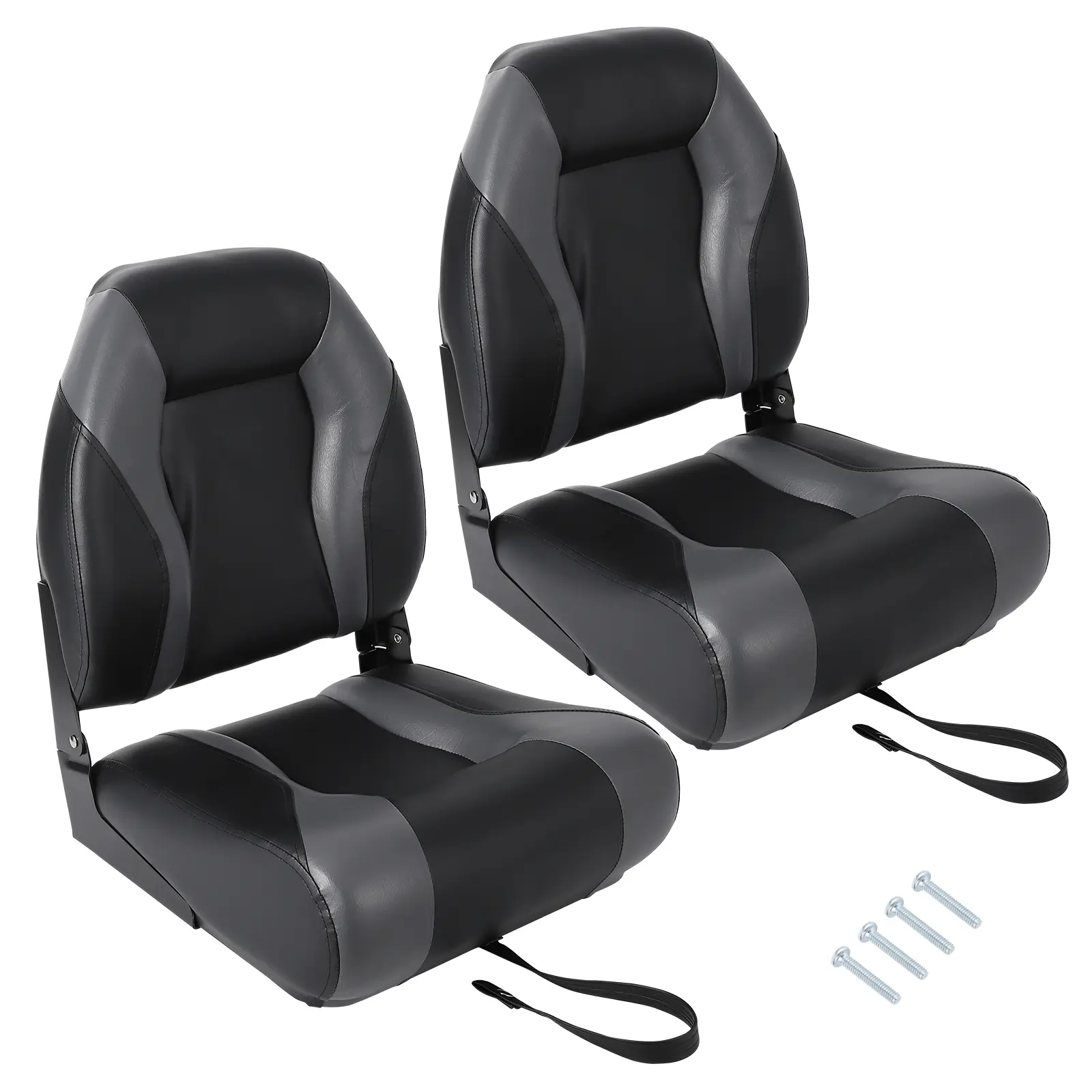2-Pack High Back Folding Boat Seats Marine Grade PVC Vinyl Boat Chairs with Flip Down Aluminum Alloy Hinges UV Resistant Waterproof Fishing Boat Seat Replacement Fit Universal 5x5 Base Pedestal Swivel Mount for Pontoon Bass Speedboat