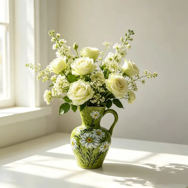 Vintage Olive Ceramic Vase with Single Handle, Hand-Painted Daisy Design, Rustic Style Flower Arrangement Decorative Pot