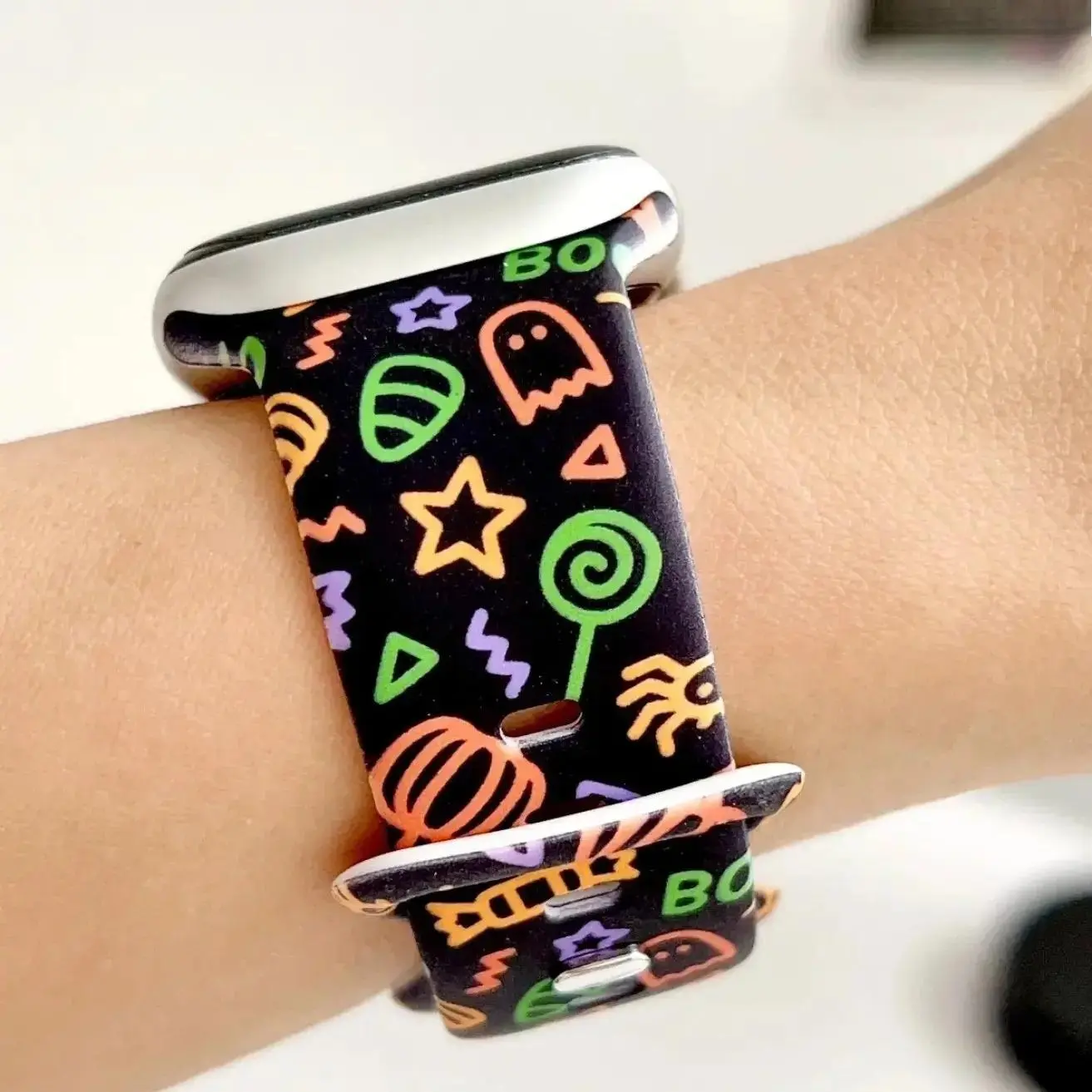 Spooky Cute Apple Watch Band, Neon Candy Halloween Strap for Wrist Checks, Trick-or-Treat Vibes & October Outfits Halloween Watch Band Compatible with Apple Watch, Black Silicone Strap with Candy, BOO & Cute Ghost Print for Women