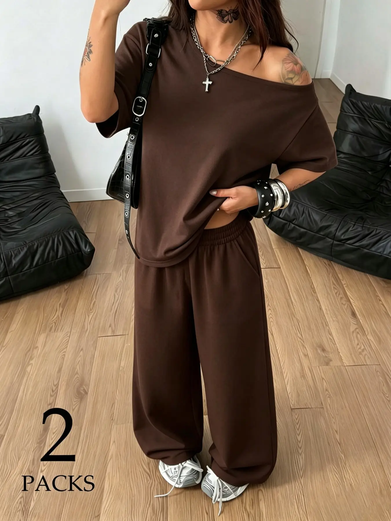 Women's Loose Fit Off-Shoulder T-Shirt & Wide Leg Pants Set, Spring & Fall Casual, Comfortable & Breathable Fabric, Perfect for Daily Wear Top Trousers Set