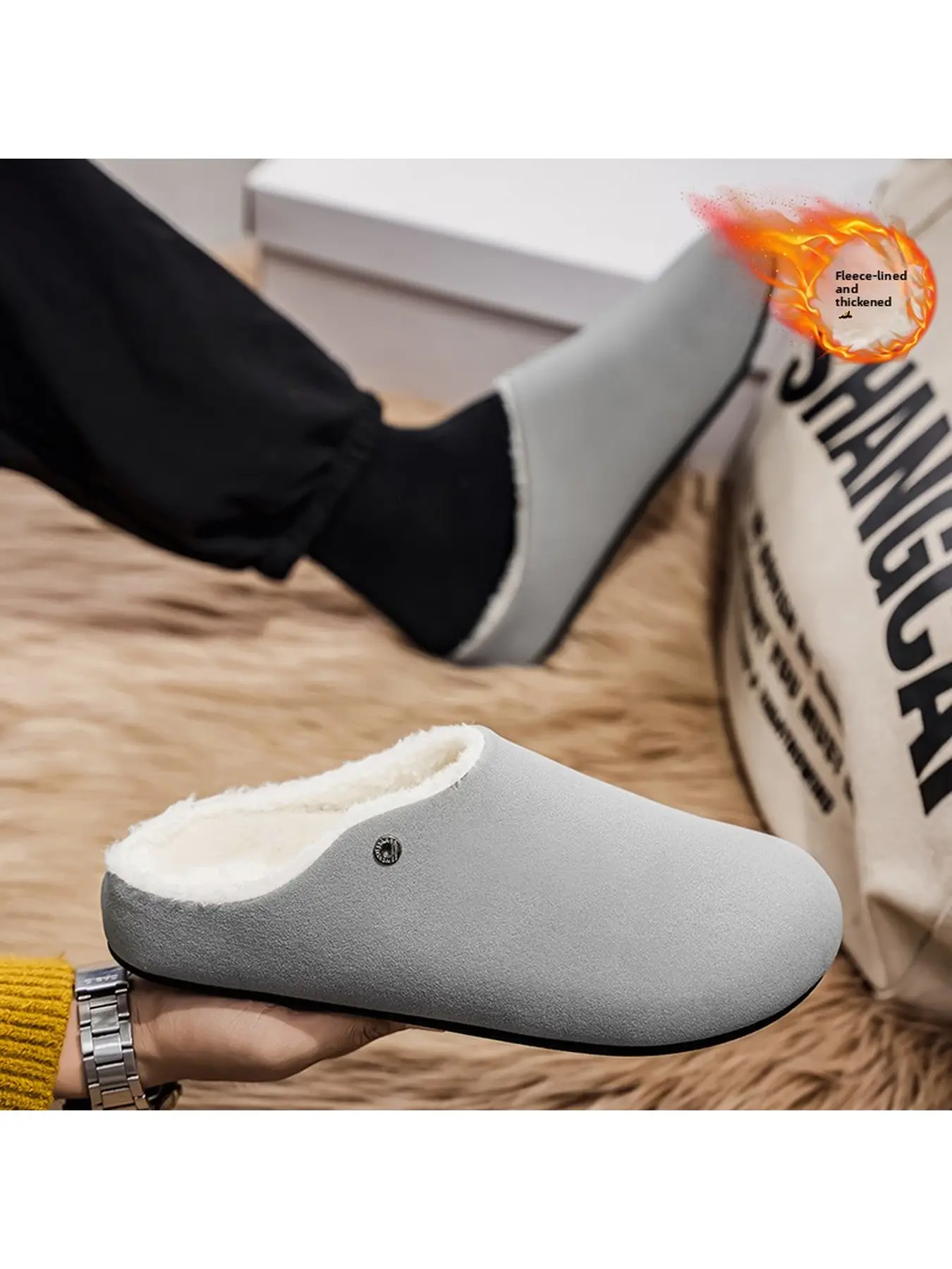 Unisex fleece-lined clogs, faux suede slip-on mules, with thick plush lining for warmth, comfortable winter home shoes, suitable for both indoor and outdoor wear, available in multiple neutral color options